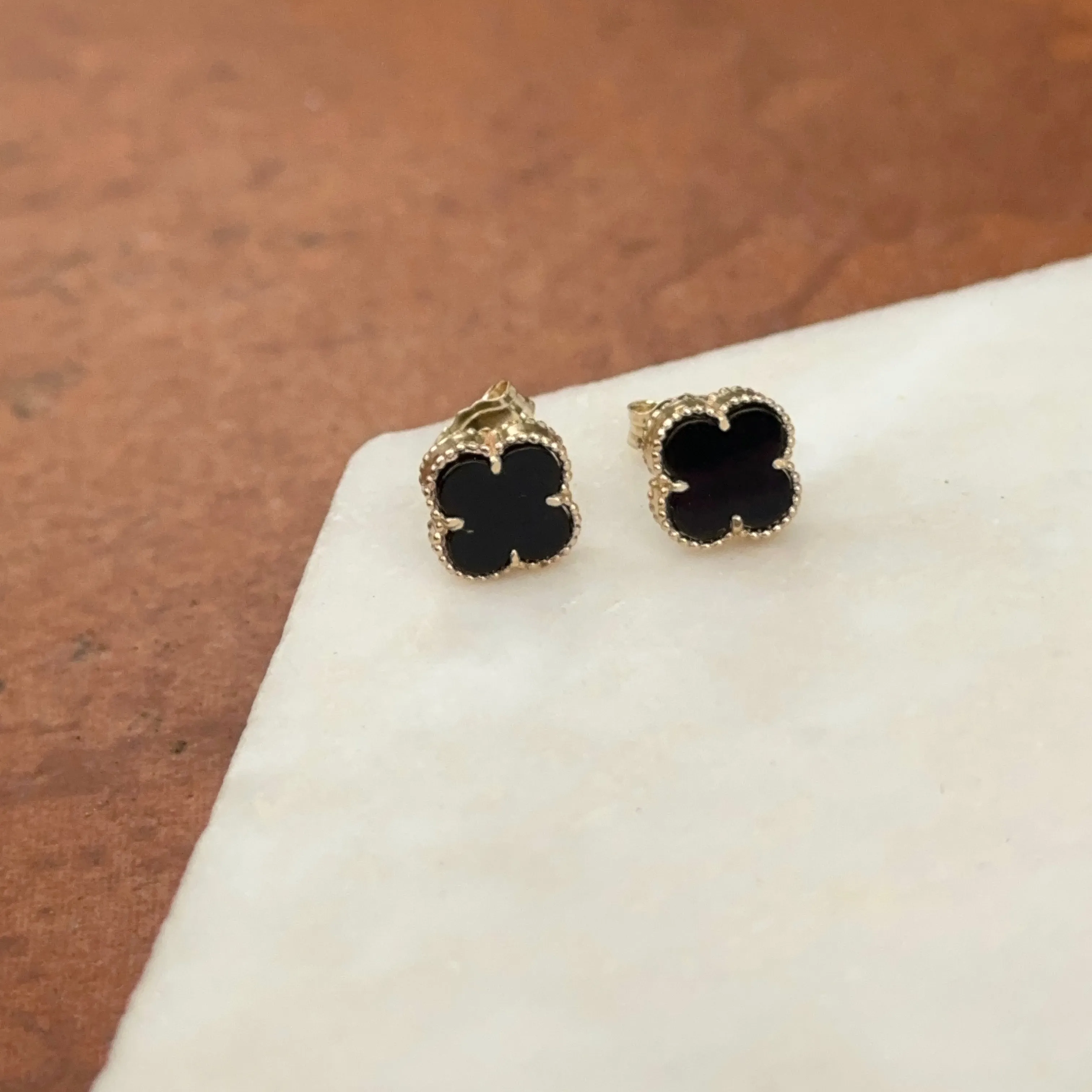 14KT Yellow Gold 8mm Beaded Black Onyx Clover Stud Earrings