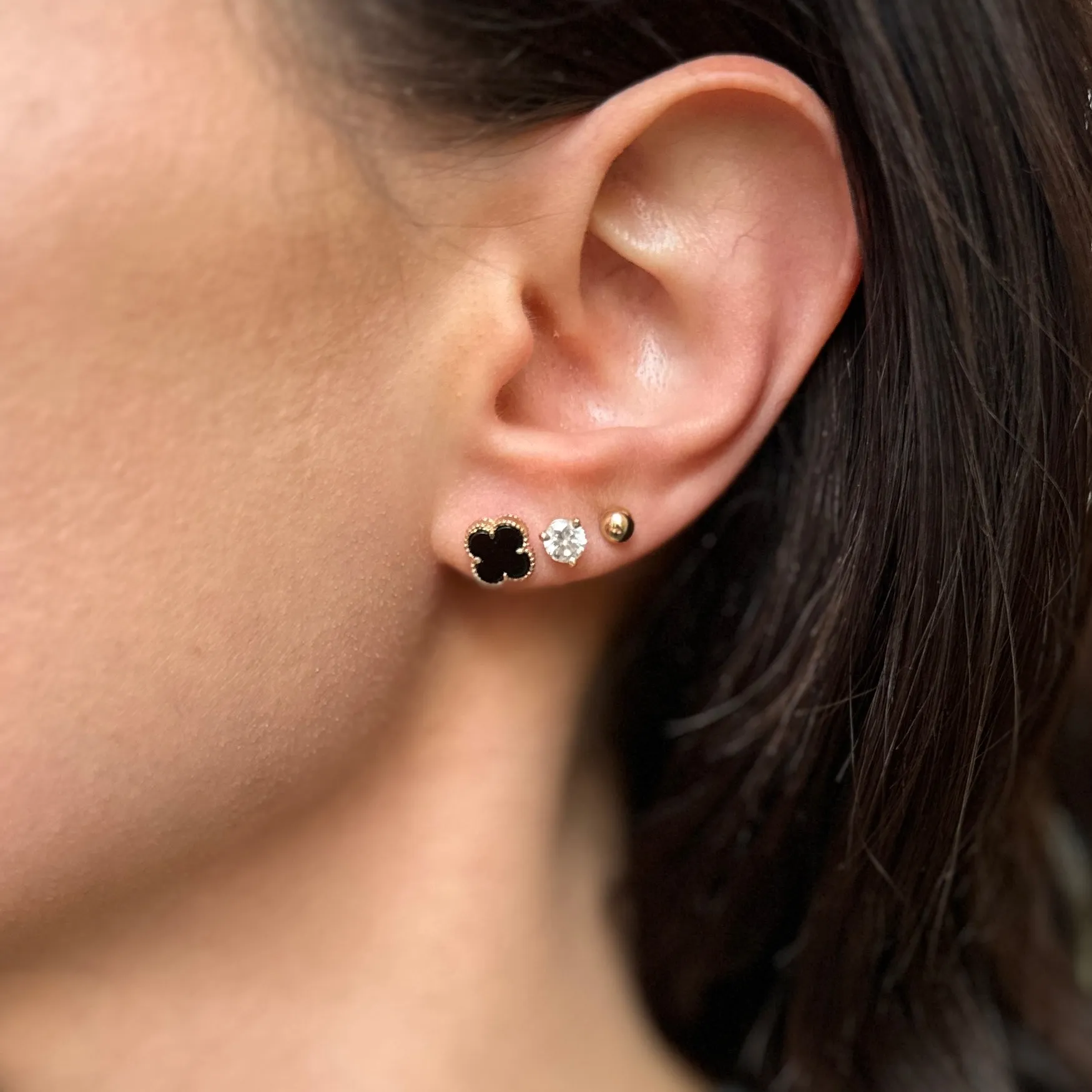 14KT Yellow Gold 8mm Beaded Black Onyx Clover Stud Earrings