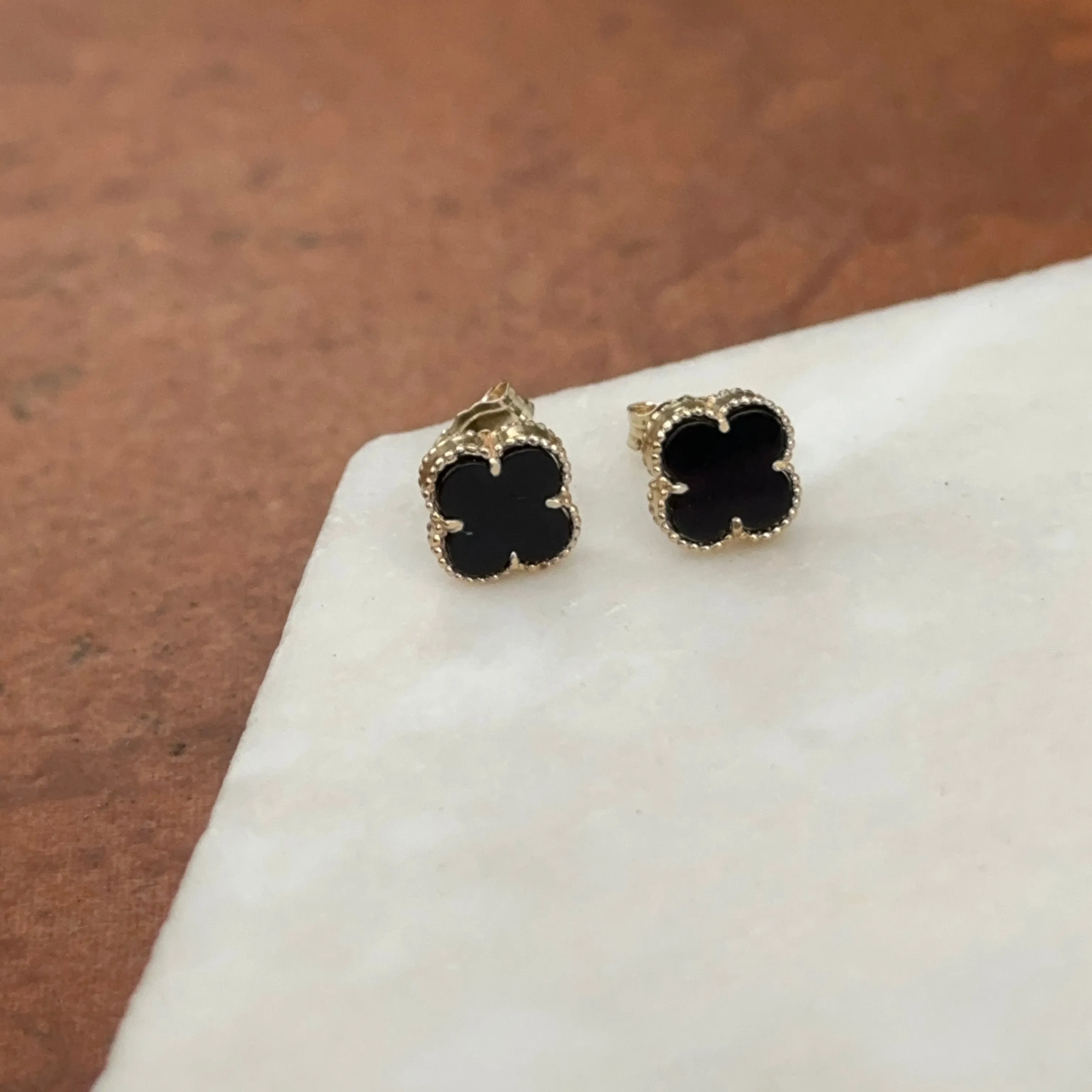 14KT Yellow Gold 8mm Beaded Black Onyx Clover Stud Earrings