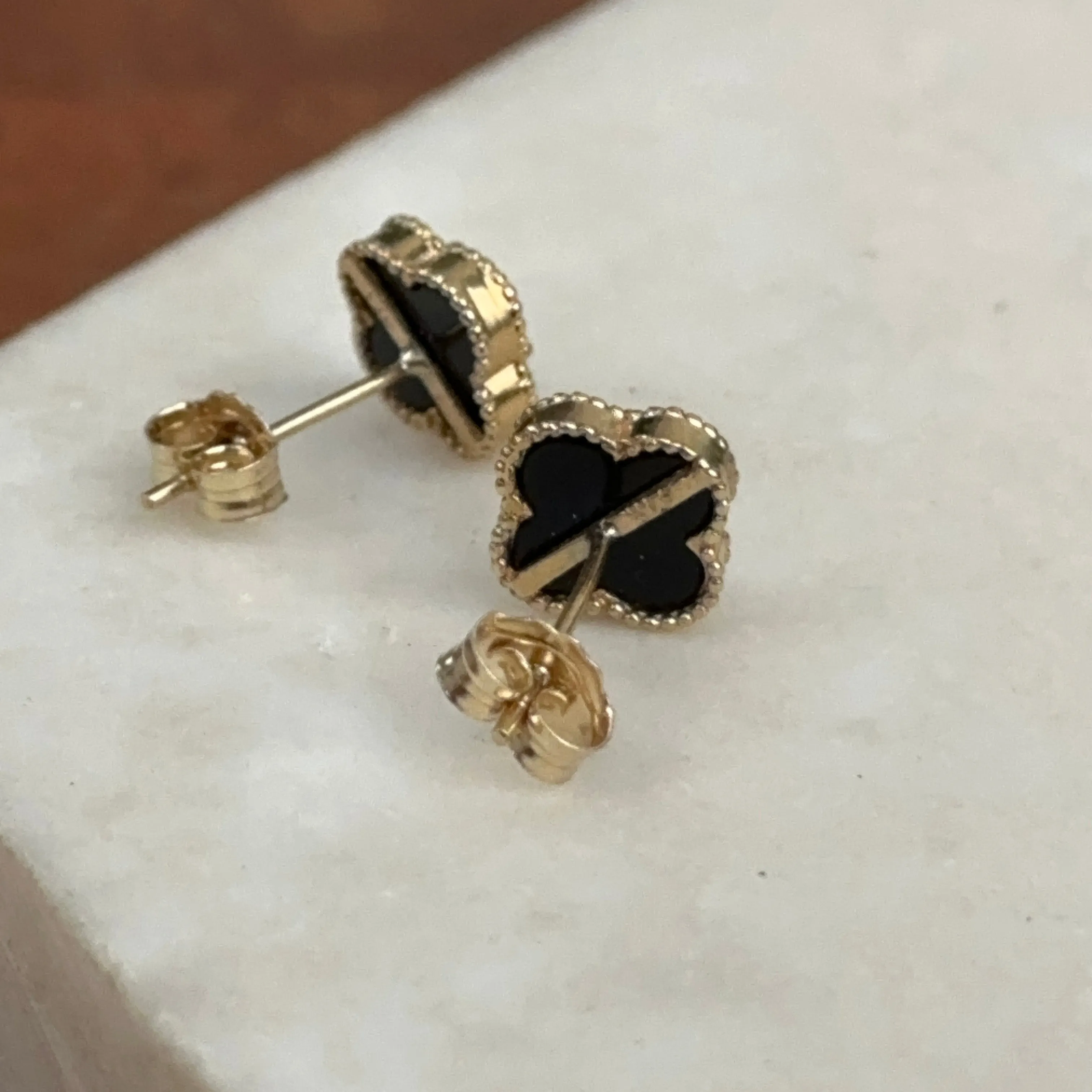 14KT Yellow Gold 8mm Beaded Black Onyx Clover Stud Earrings