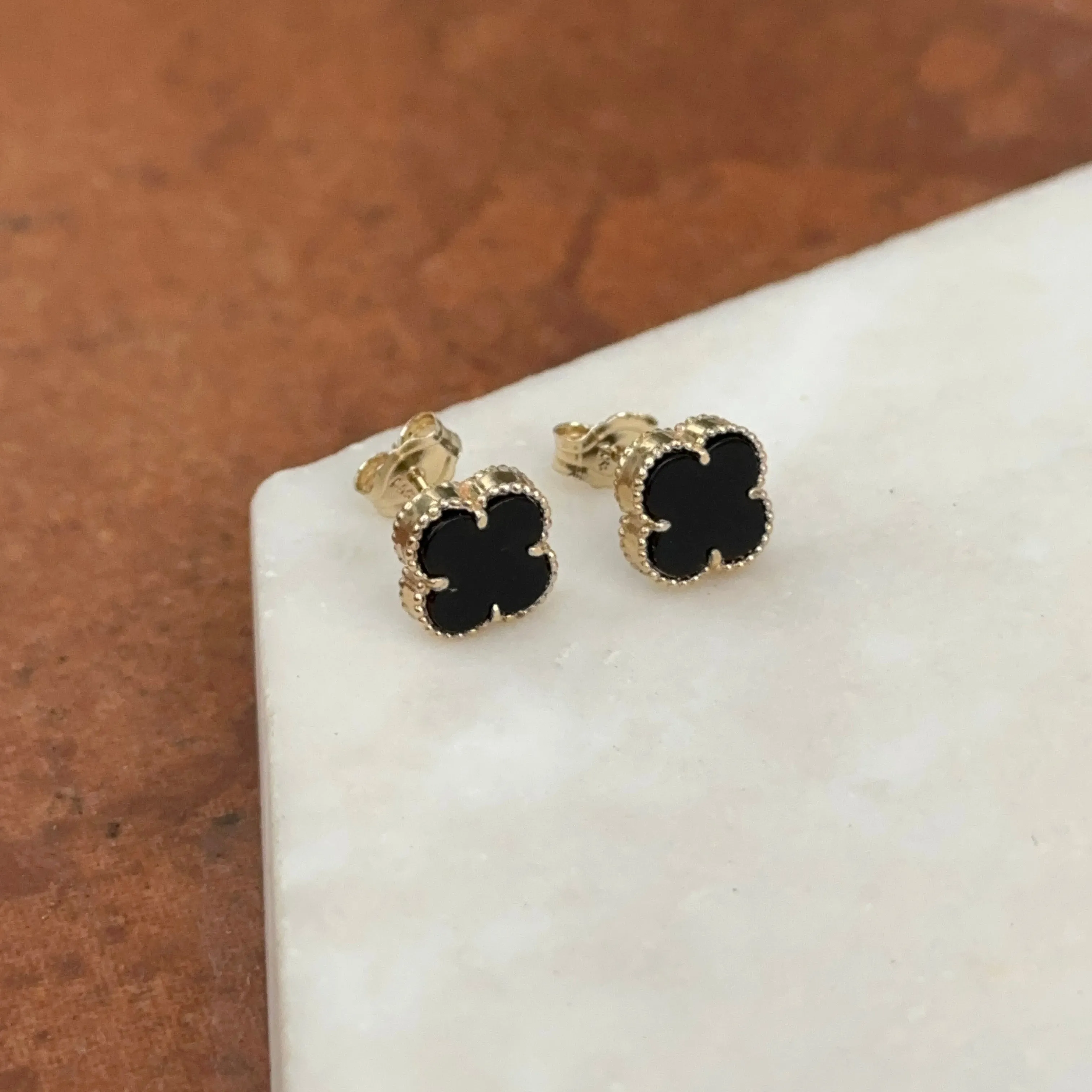 14KT Yellow Gold 8mm Beaded Black Onyx Clover Stud Earrings