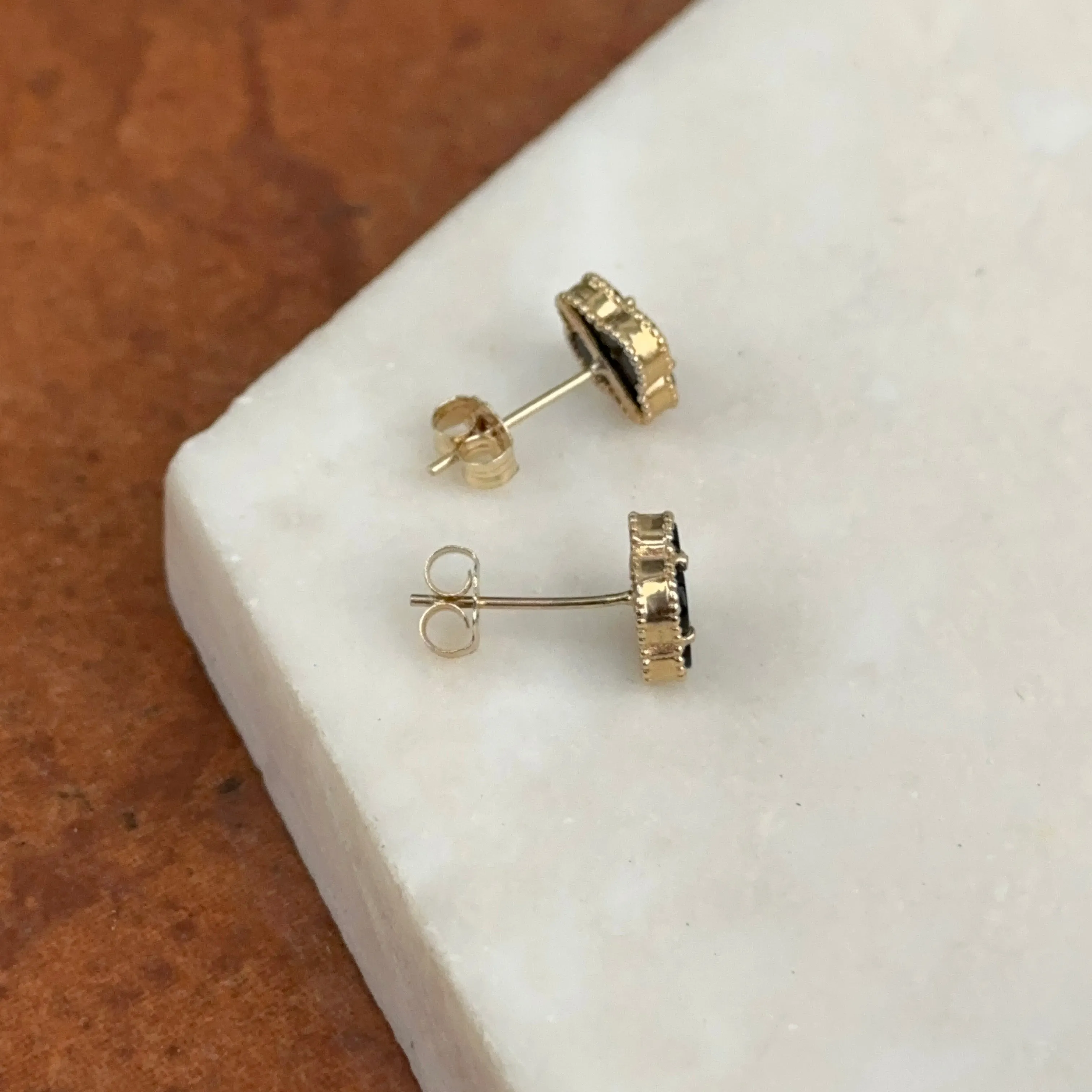 14KT Yellow Gold 8mm Beaded Black Onyx Clover Stud Earrings