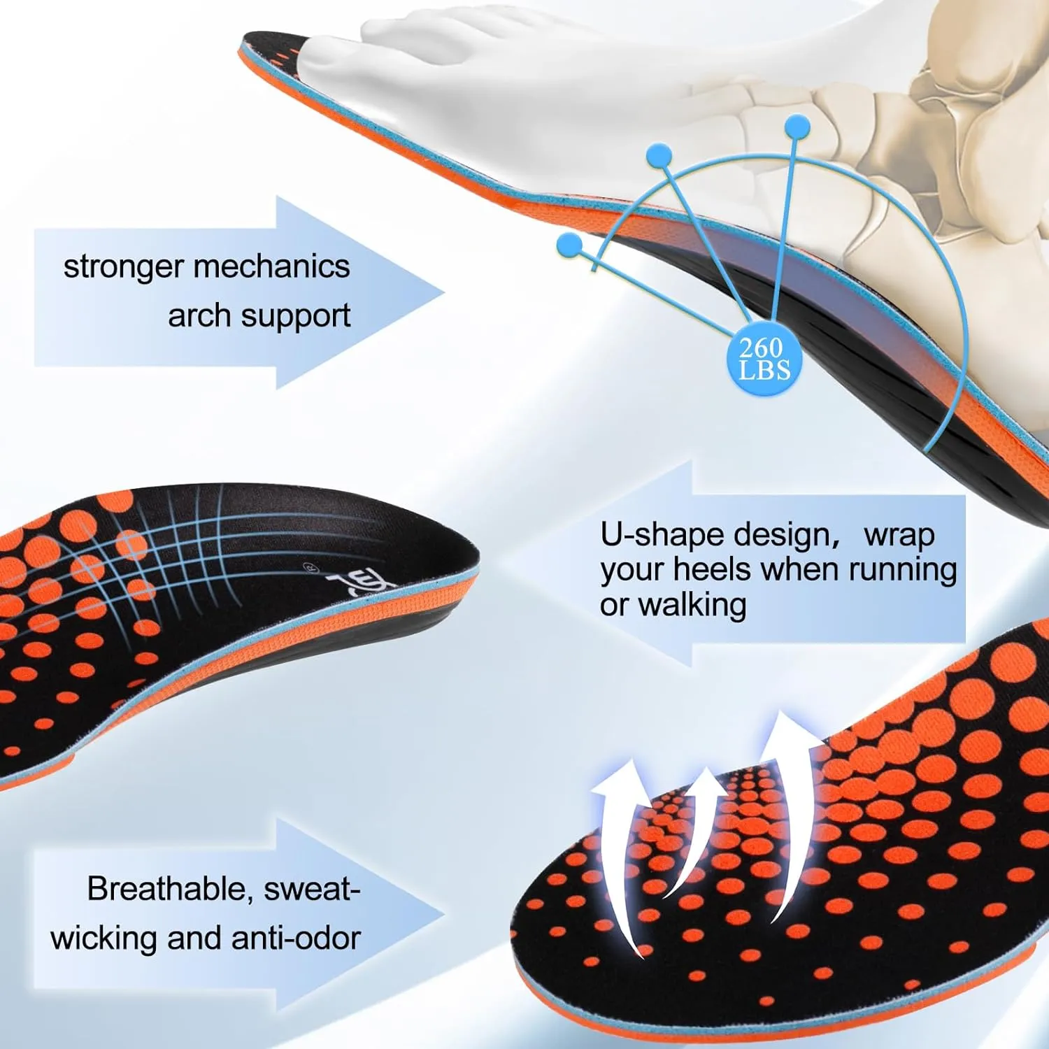 【2 Pairs】Plantar Fasciitis Insoles for Heavy Duty Support, High Arch Orthotic Inserts, 240 lbs, Orange
