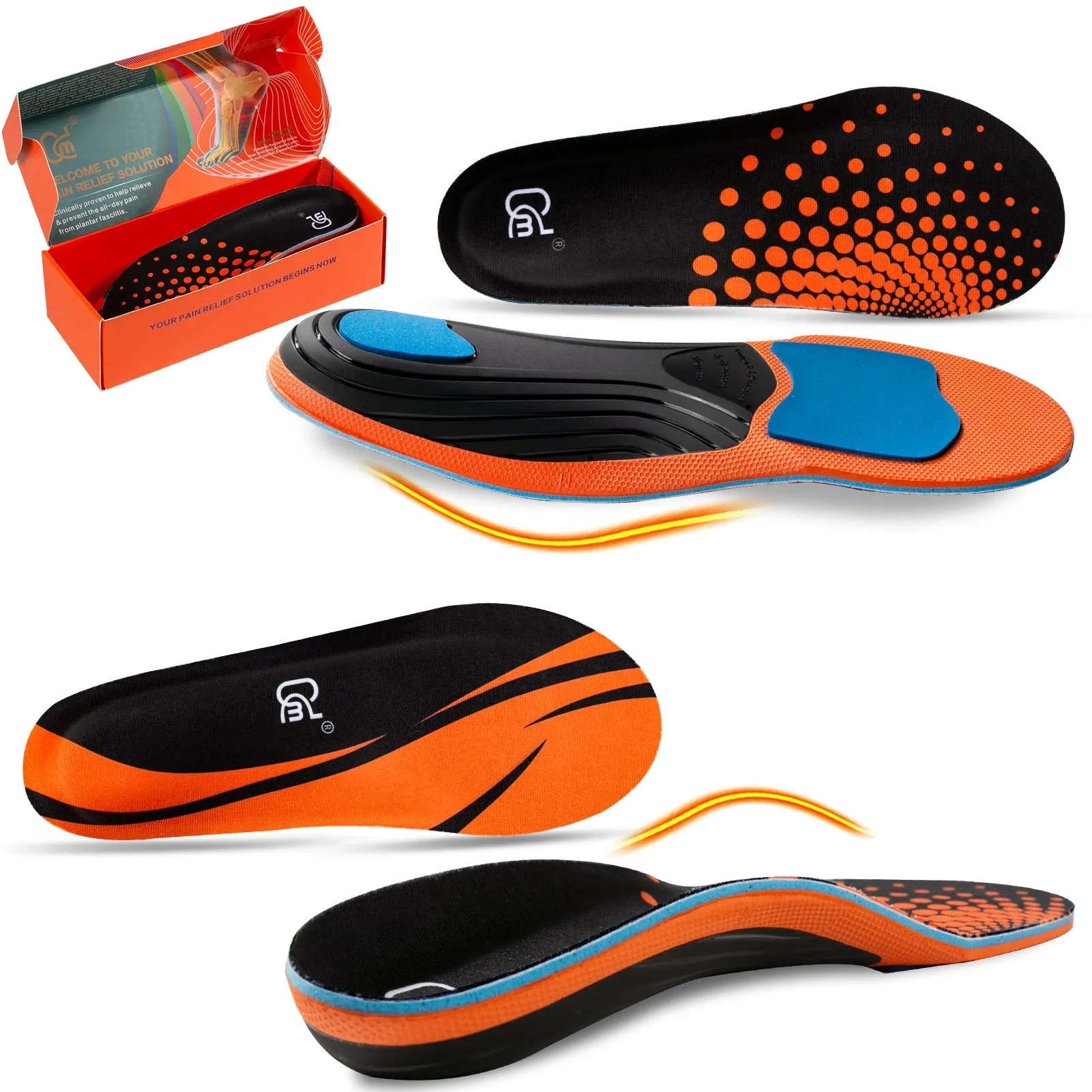 【2 Pairs】Plantar Fasciitis Insoles for Heavy Duty Support, High Arch Orthotic Inserts, 240 lbs, Orange