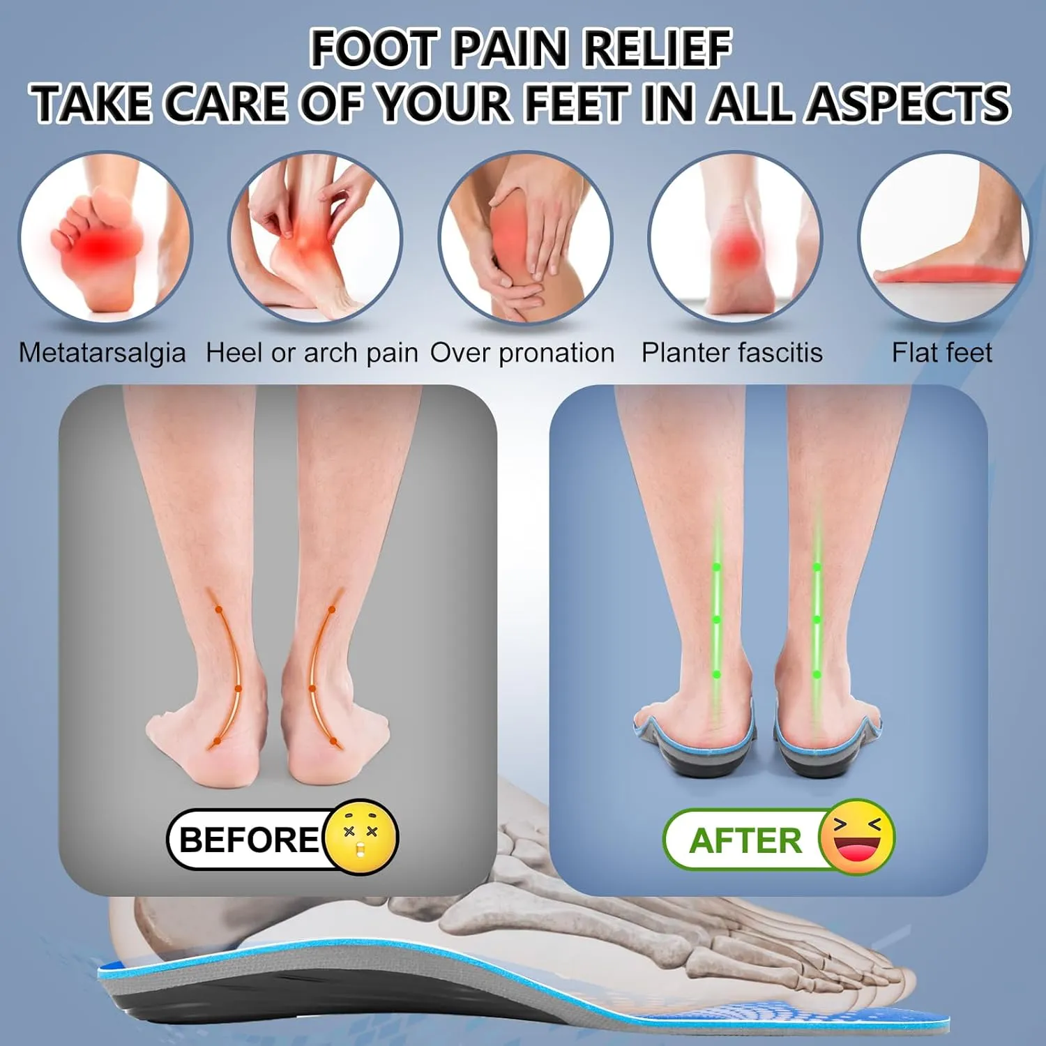 【2 Pairs】Plantar Fasciitis Insoles for Heavy Duty Support, High Arch Orthotic Inserts, 240 lbs, Orange