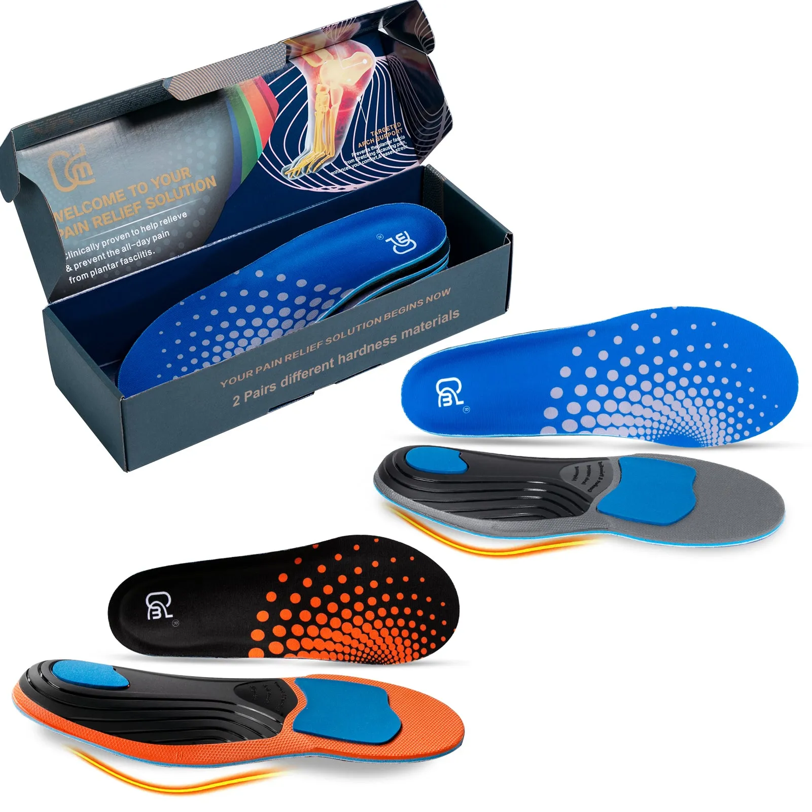 【2 Pairs】Plantar Fasciitis Insoles for High Arch Orthotic Inserts, 240 lbs Heavy Duty Support, Blue Orange