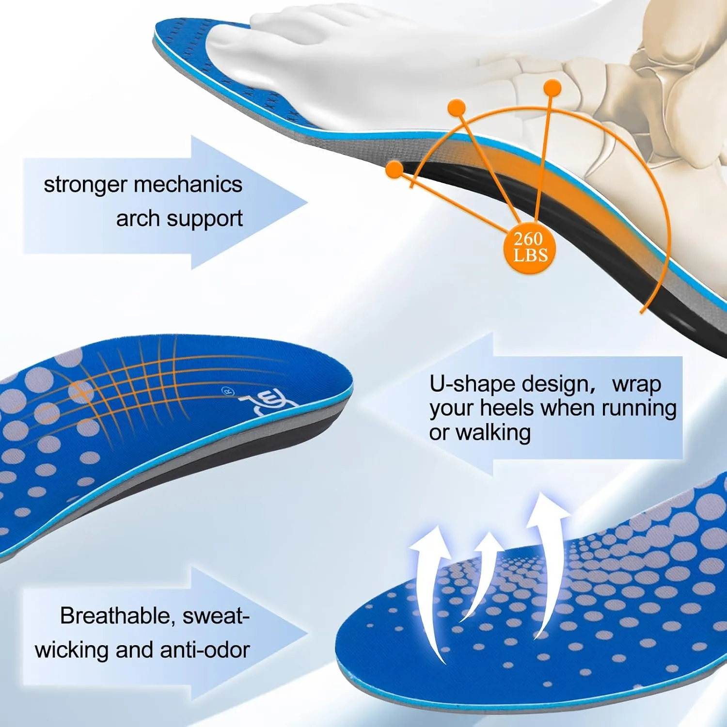 【2 Pairs】Plantar Fasciitis Insoles for High Arch Orthotic Inserts, 240 lbs Heavy Duty Support, Blue