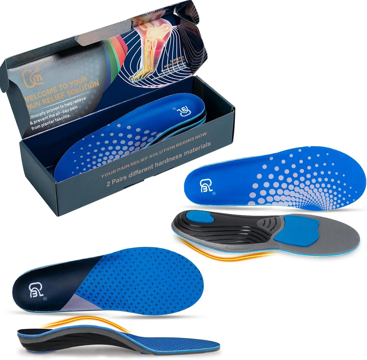 【2 Pairs】Plantar Fasciitis Insoles for High Arch Orthotic Inserts, 240 lbs Heavy Duty Support, Blue