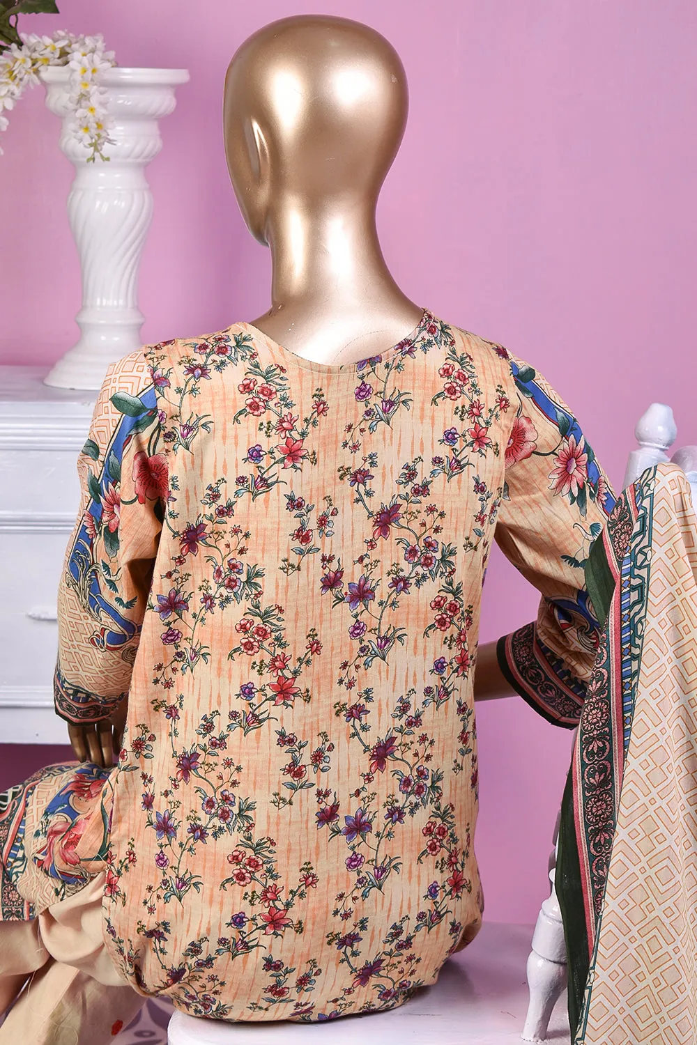 3 Pc Unstitched Embroidered Lawn Dress with Lawn Printed Dupatta & Embroidered Cotton Trouser - Daisy (ZLE-5B)