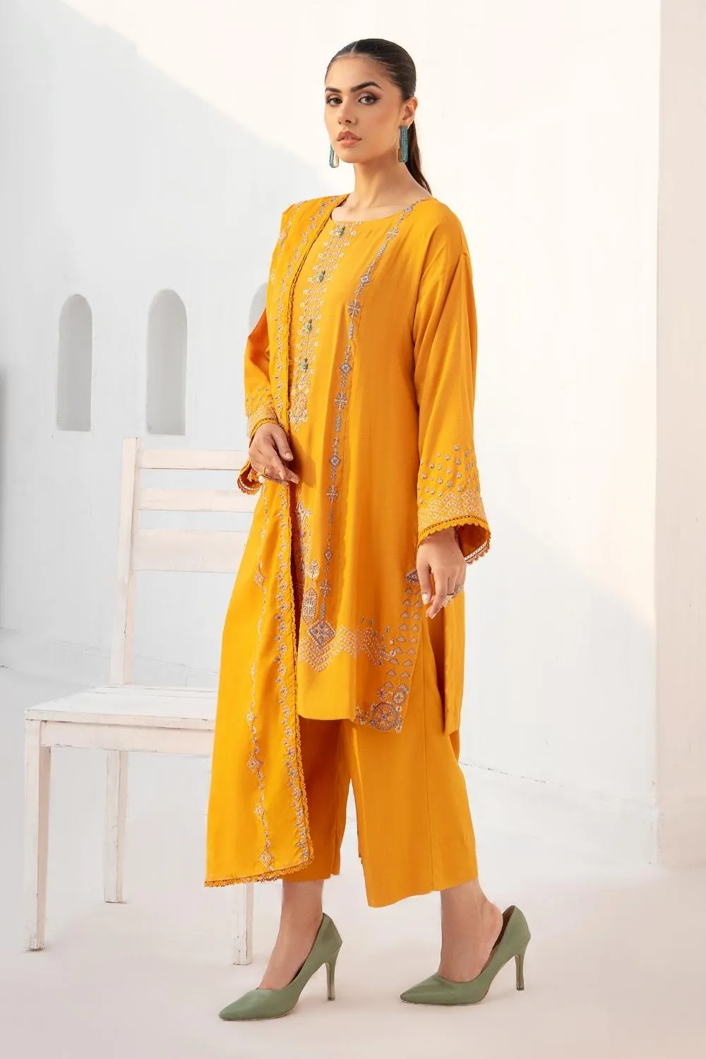 3PC Unstitched |Embroidered Karandi Shirt  Cotton Dobby Shawl  Trouser