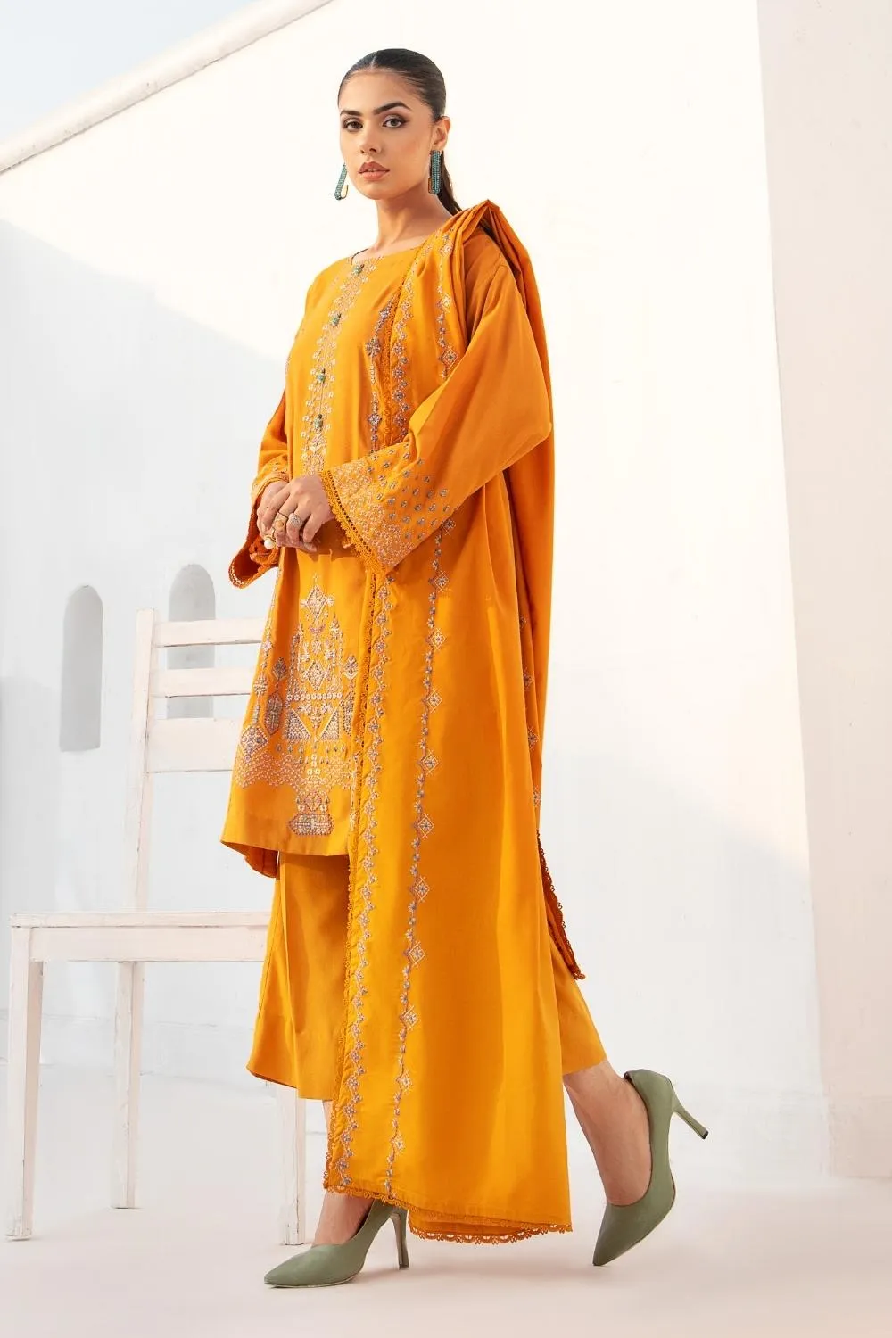 3PC Unstitched |Embroidered Karandi Shirt  Cotton Dobby Shawl  Trouser