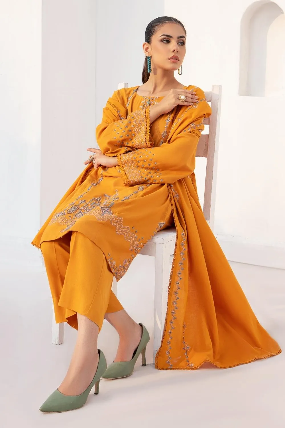 3PC Unstitched |Embroidered Karandi Shirt  Cotton Dobby Shawl  Trouser