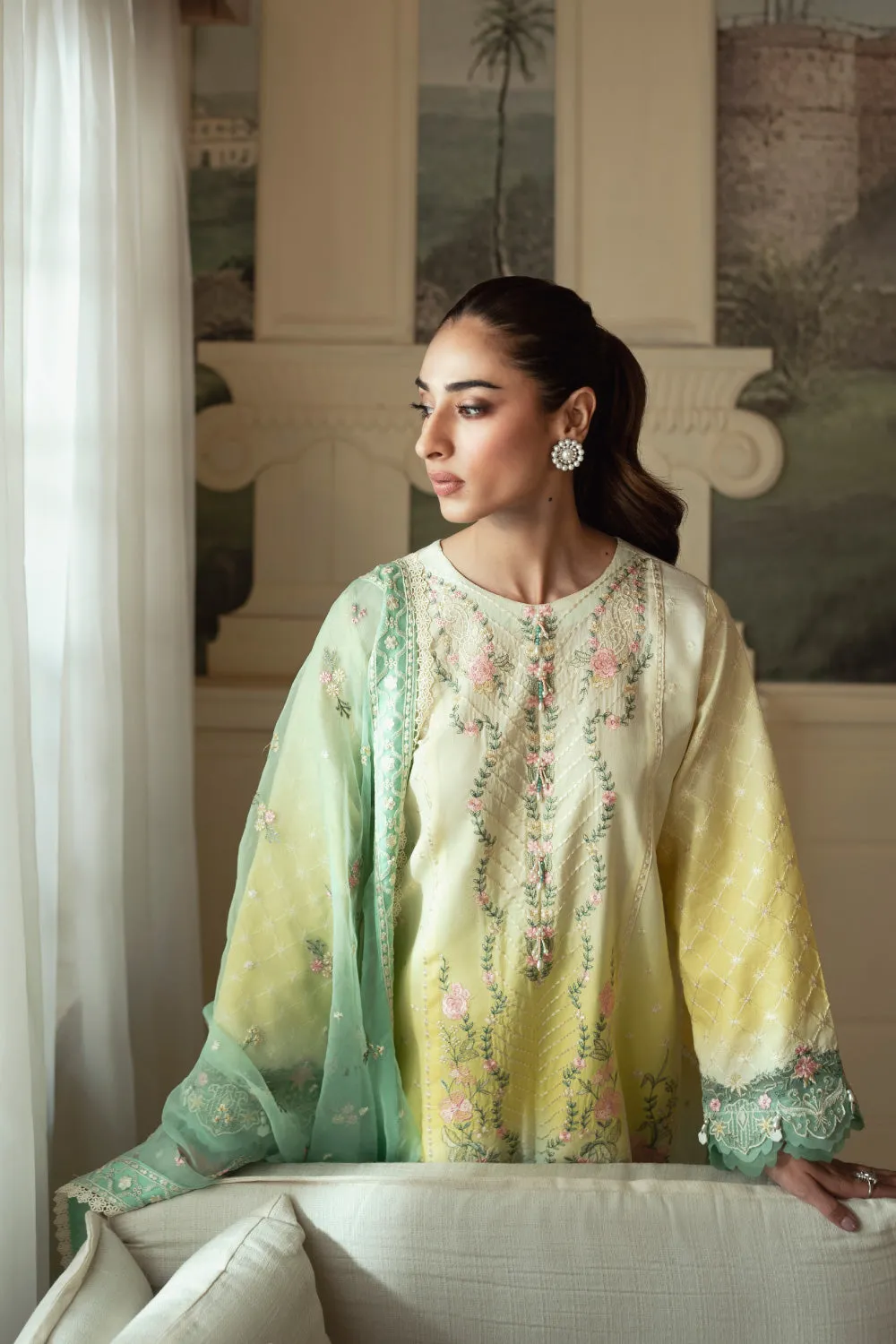 3PC Unstitched | Embroidered Lawn Suit | Organza Dupatta
