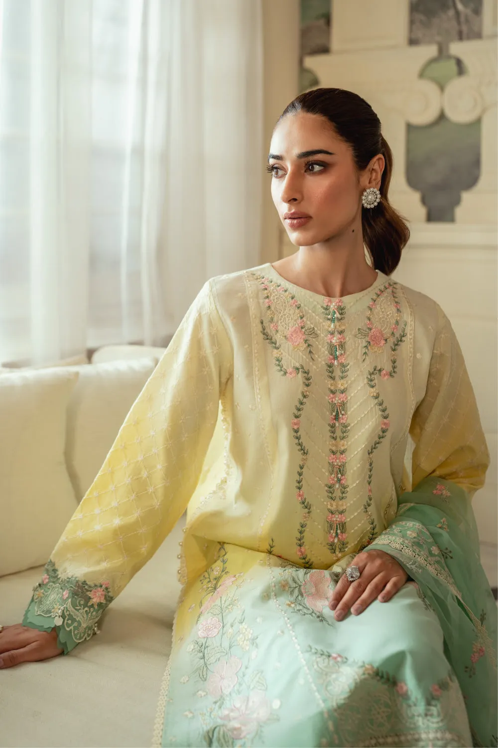 3PC Unstitched | Embroidered Lawn Suit | Organza Dupatta