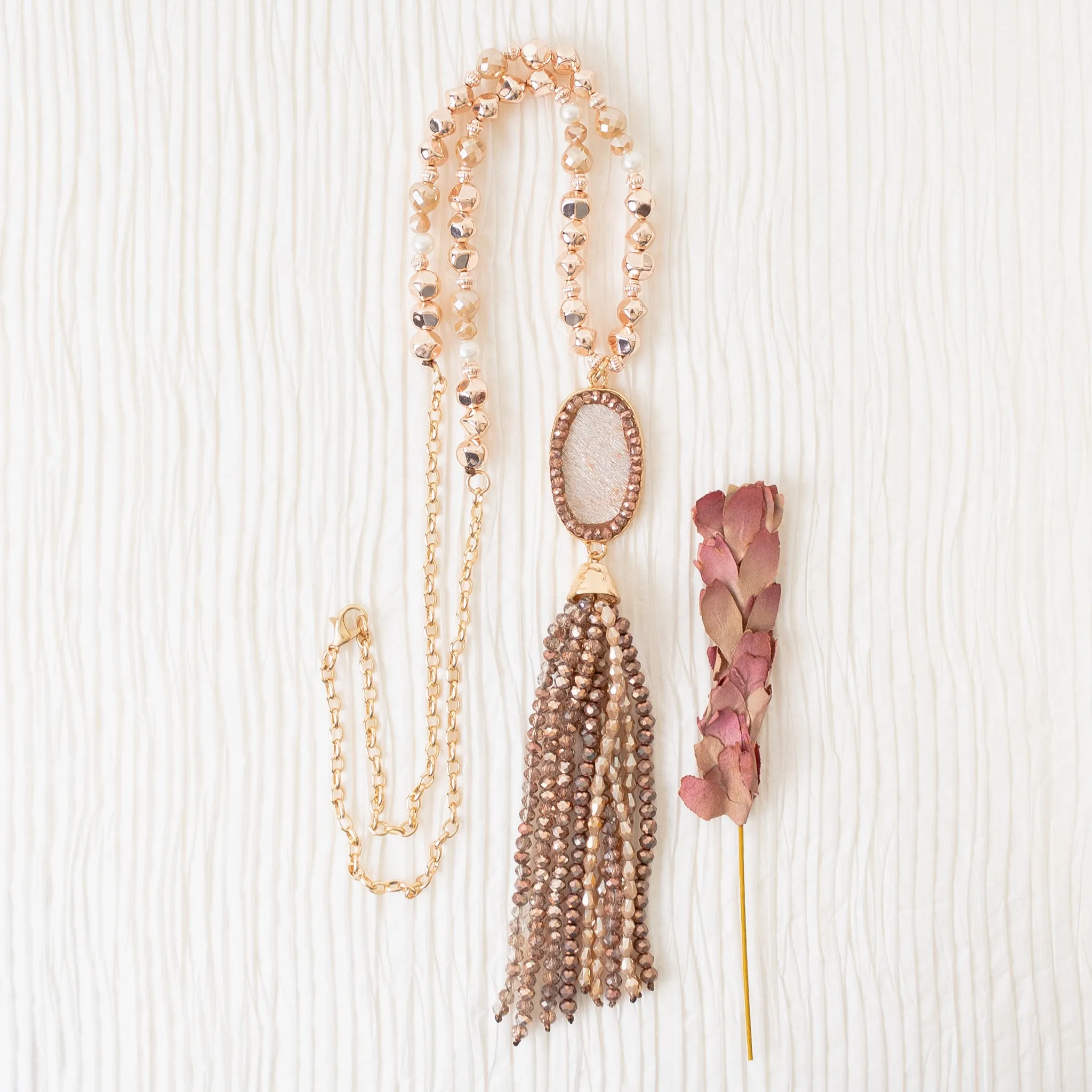 72823 - Animal Print Beaded Tassel Necklace - Rose Gold