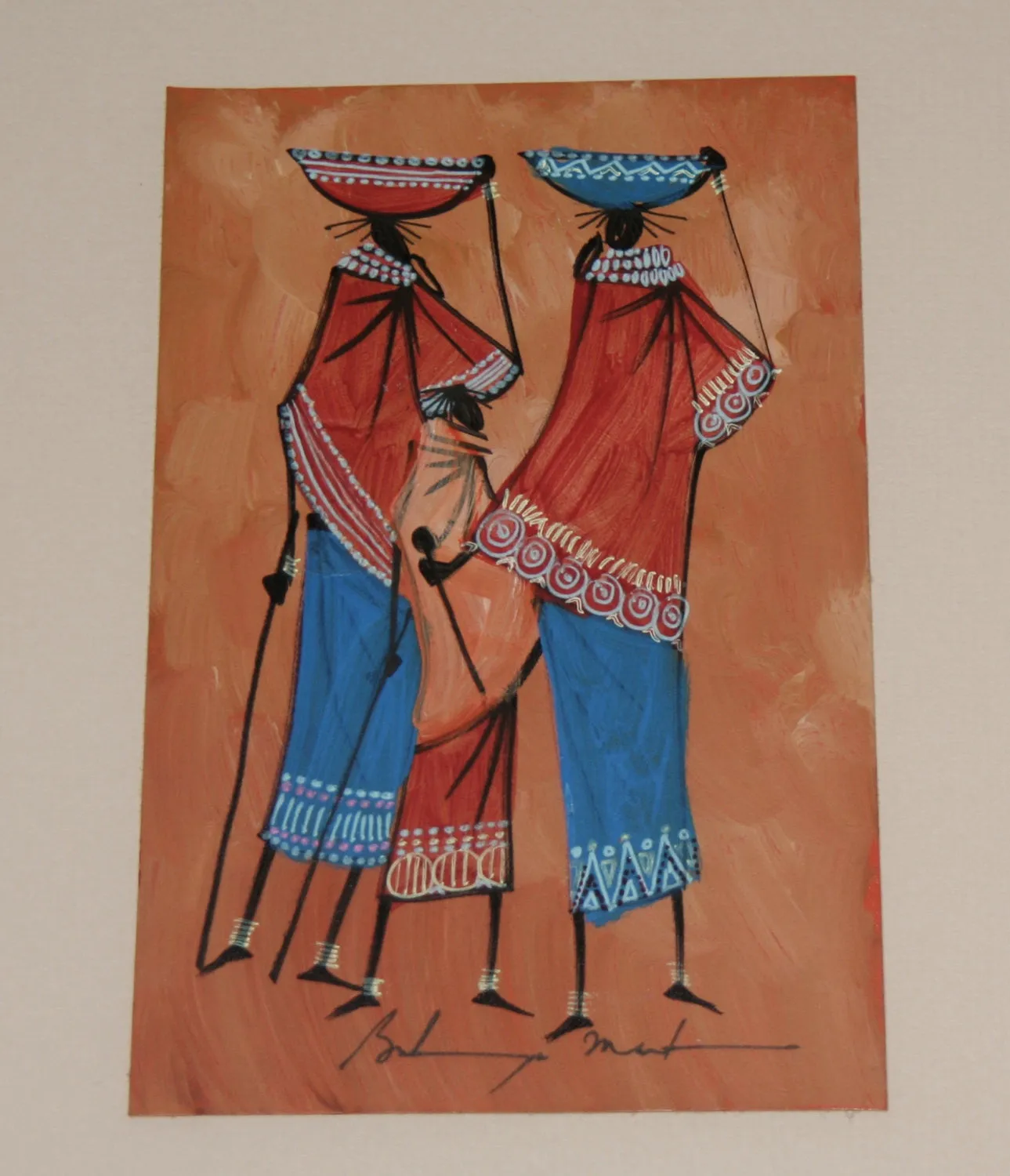 African Art  Maasai Women Baskets on Head Original Painting Acrylic and Ink on Leather Framed Abstract Kenya 19"H X 15"W