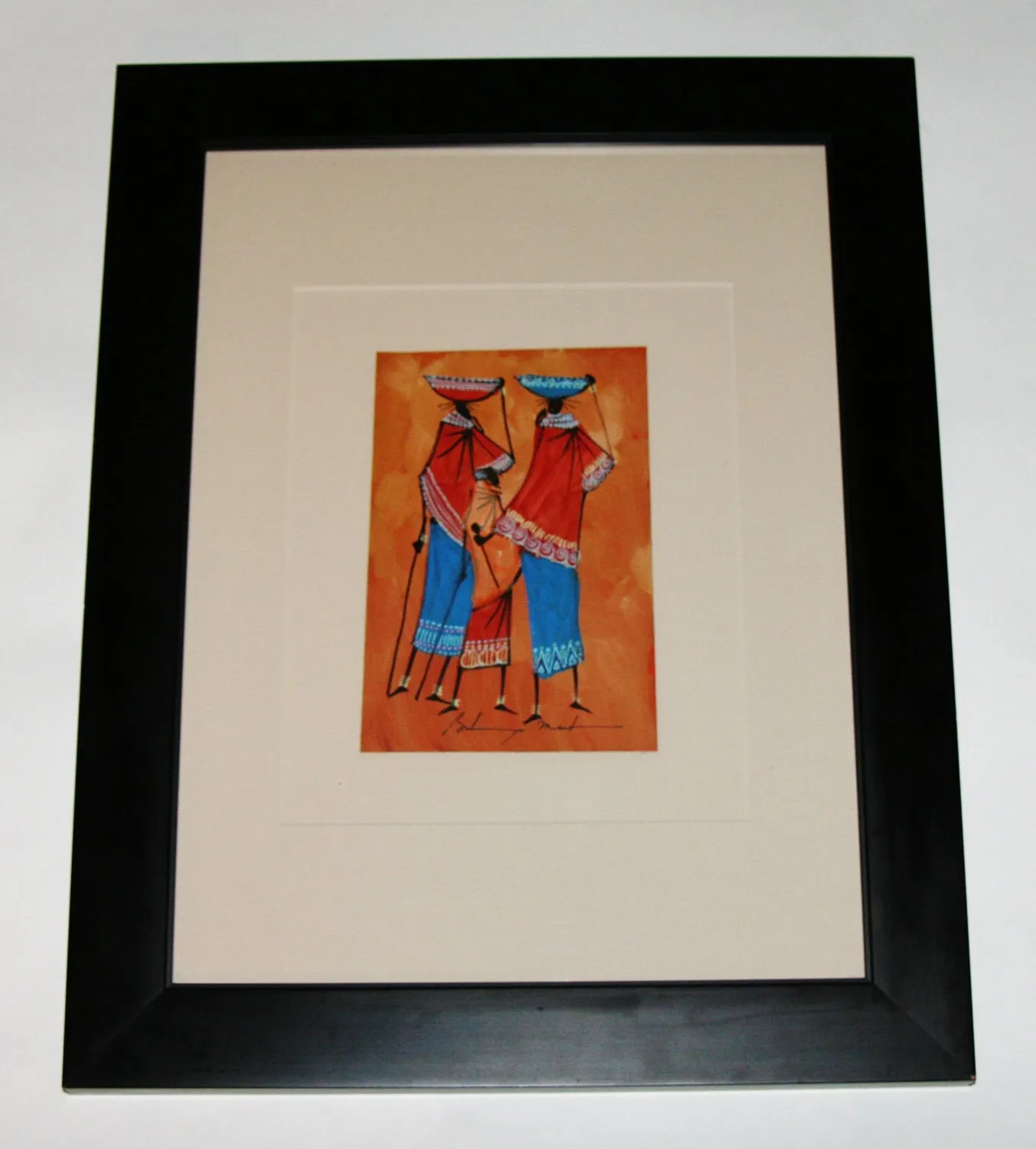 African Art  Maasai Women Baskets on Head Original Painting Acrylic and Ink on Leather Framed Abstract Kenya 19"H X 15"W