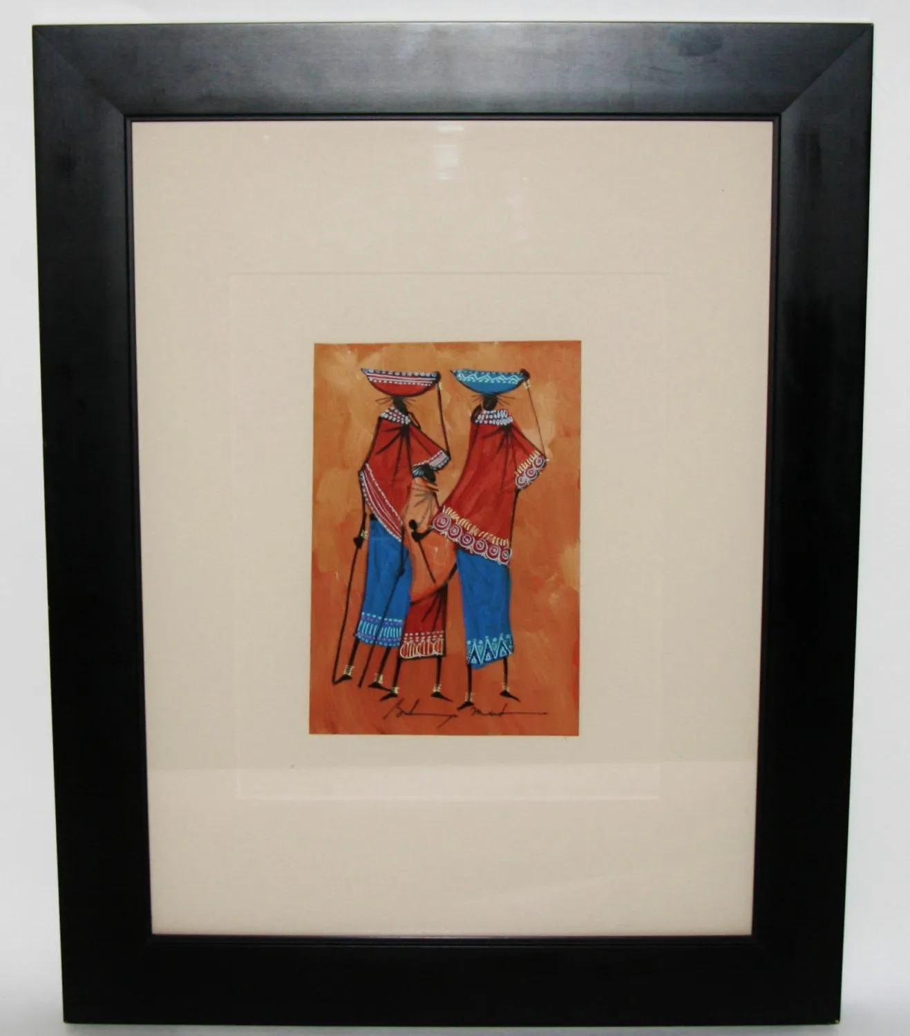 African Art  Maasai Women Baskets on Head Original Painting Acrylic and Ink on Leather Framed Abstract Kenya 19"H X 15"W