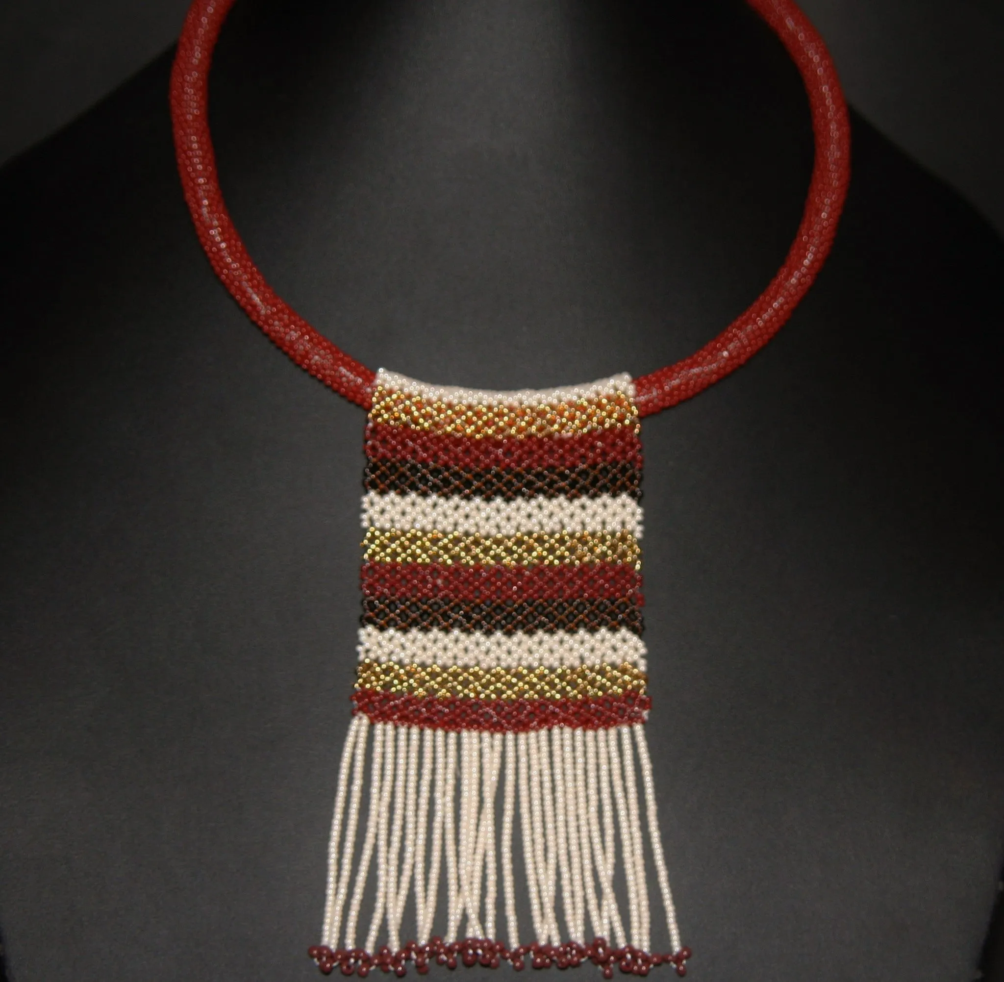African Love Letter Beaded Necklace Mahogany Brown Gold Pearl Geometric