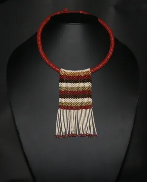 African Love Letter Beaded Necklace Mahogany Brown Gold Pearl Geometric