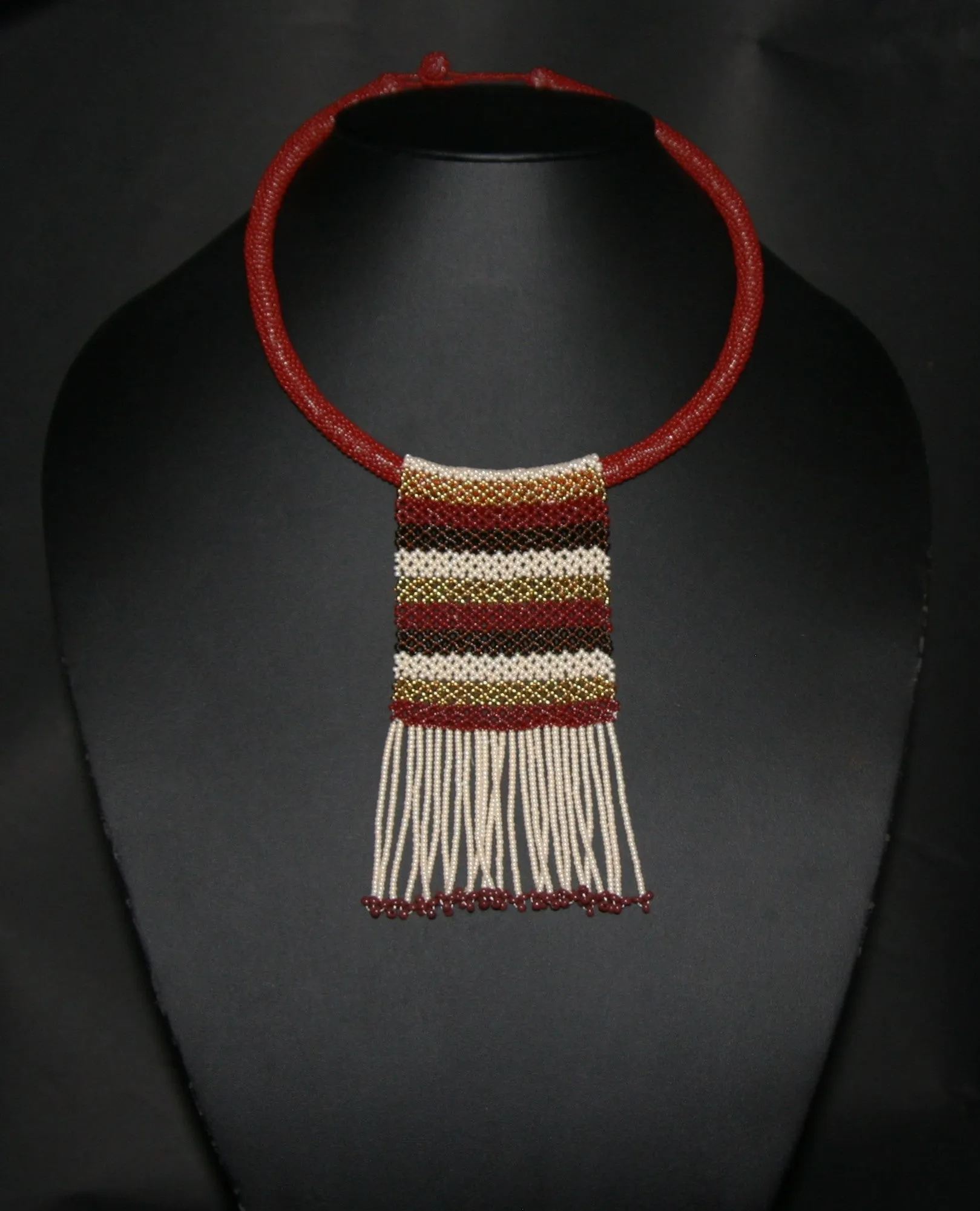 African Love Letter Beaded Necklace Mahogany Brown Gold Pearl Geometric