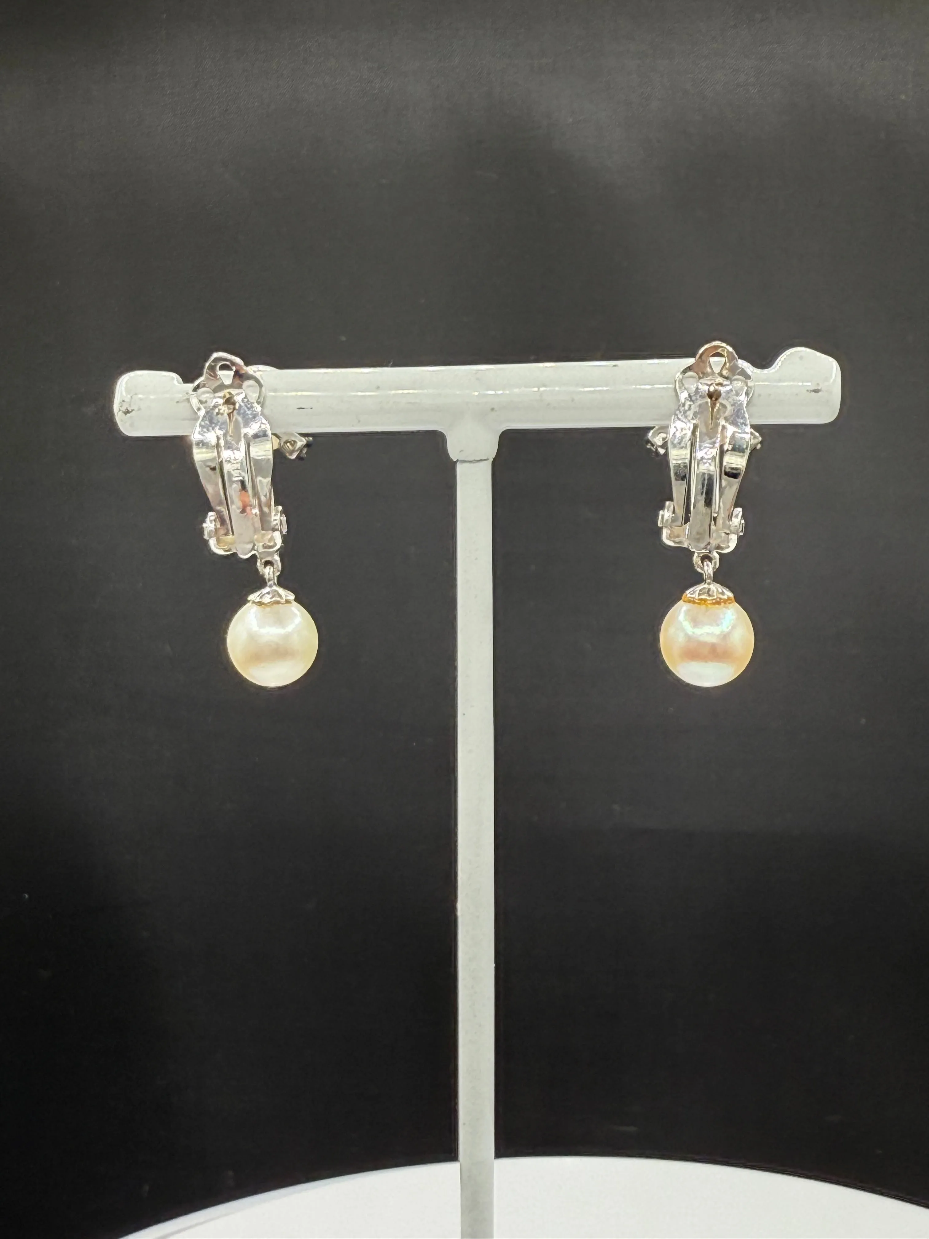 Antique 14k White Gold Cultured Pearl & Diamond Dangle Earrings