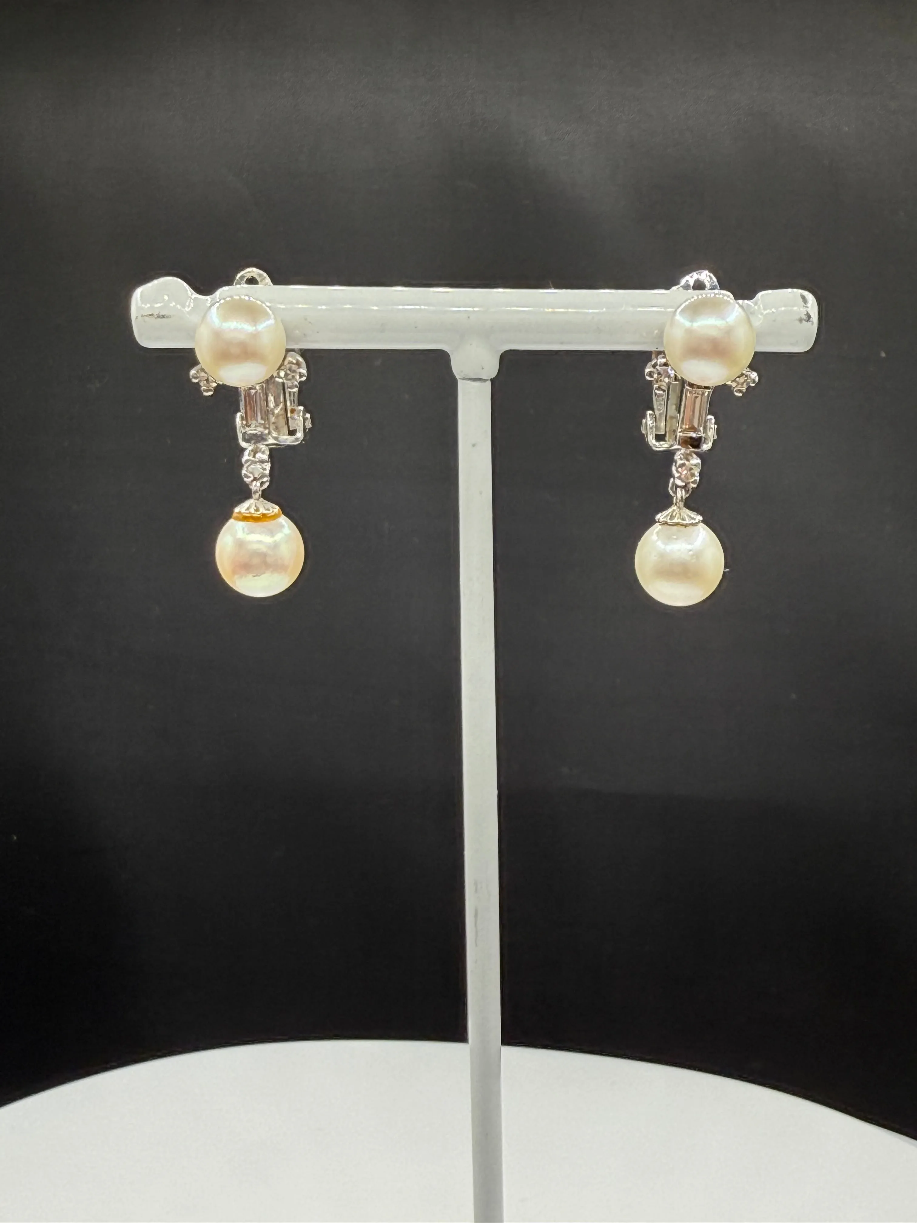 Antique 14k White Gold Cultured Pearl & Diamond Dangle Earrings