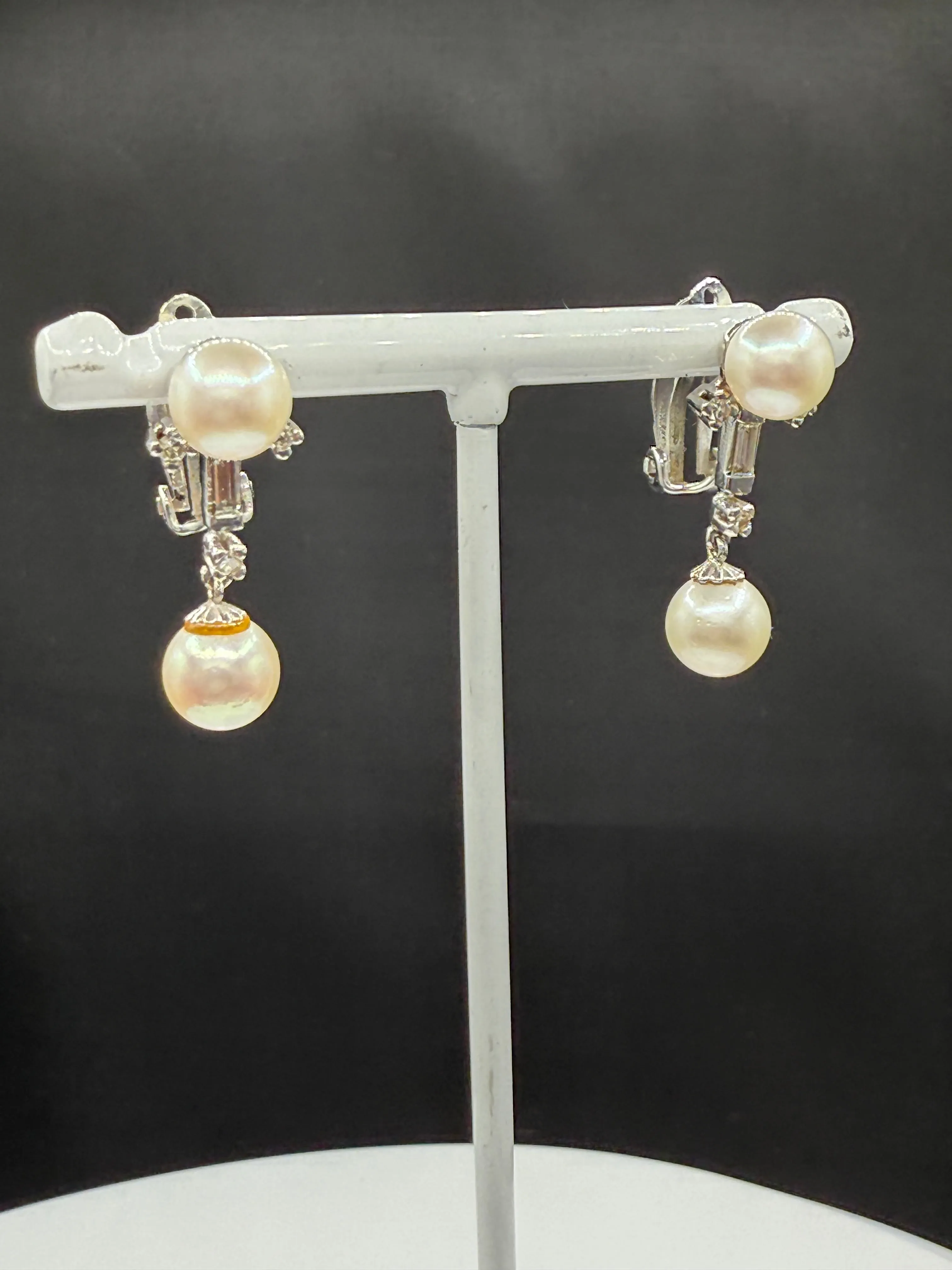 Antique 14k White Gold Cultured Pearl & Diamond Dangle Earrings