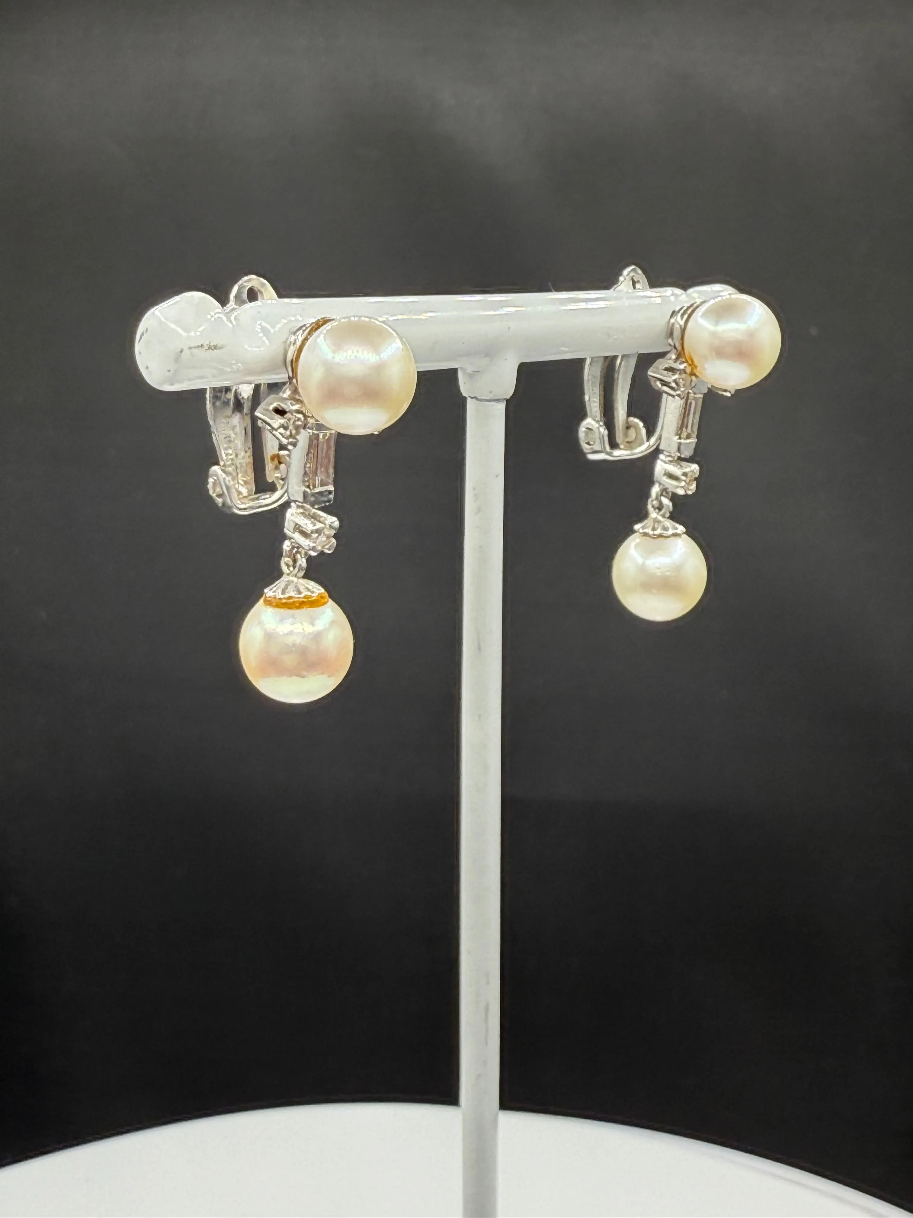 Antique 14k White Gold Cultured Pearl & Diamond Dangle Earrings