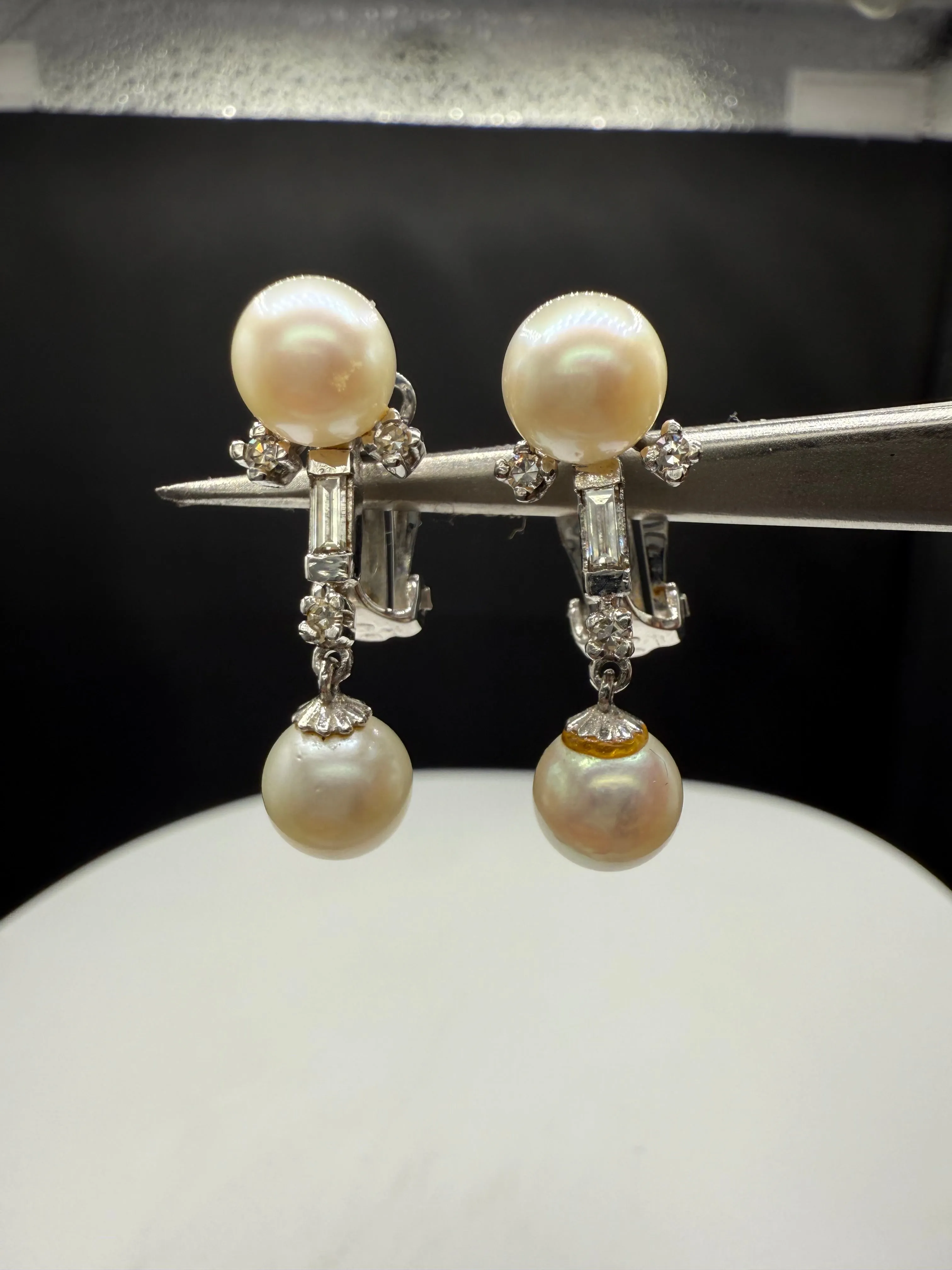 Antique 14k White Gold Cultured Pearl & Diamond Dangle Earrings