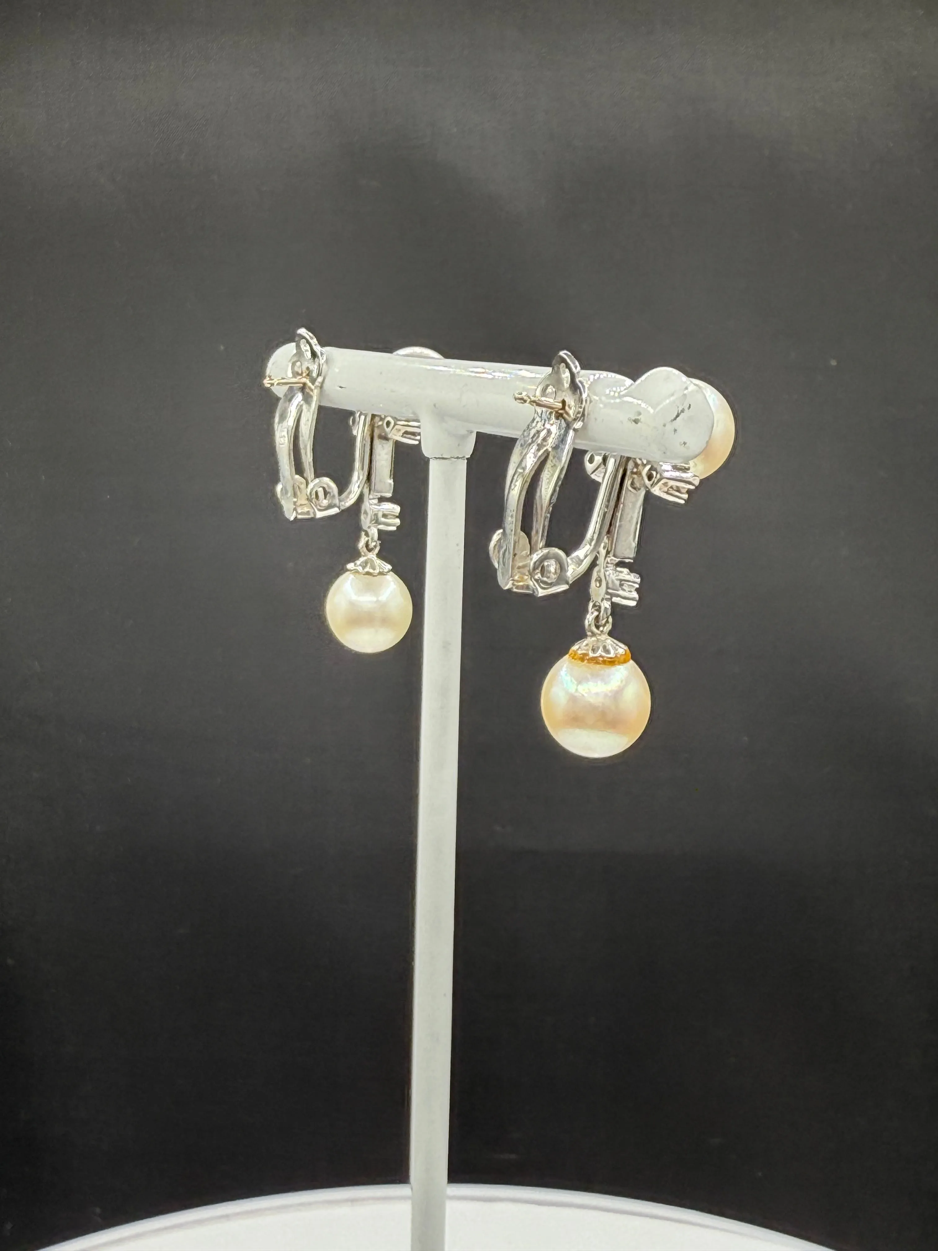 Antique 14k White Gold Cultured Pearl & Diamond Dangle Earrings