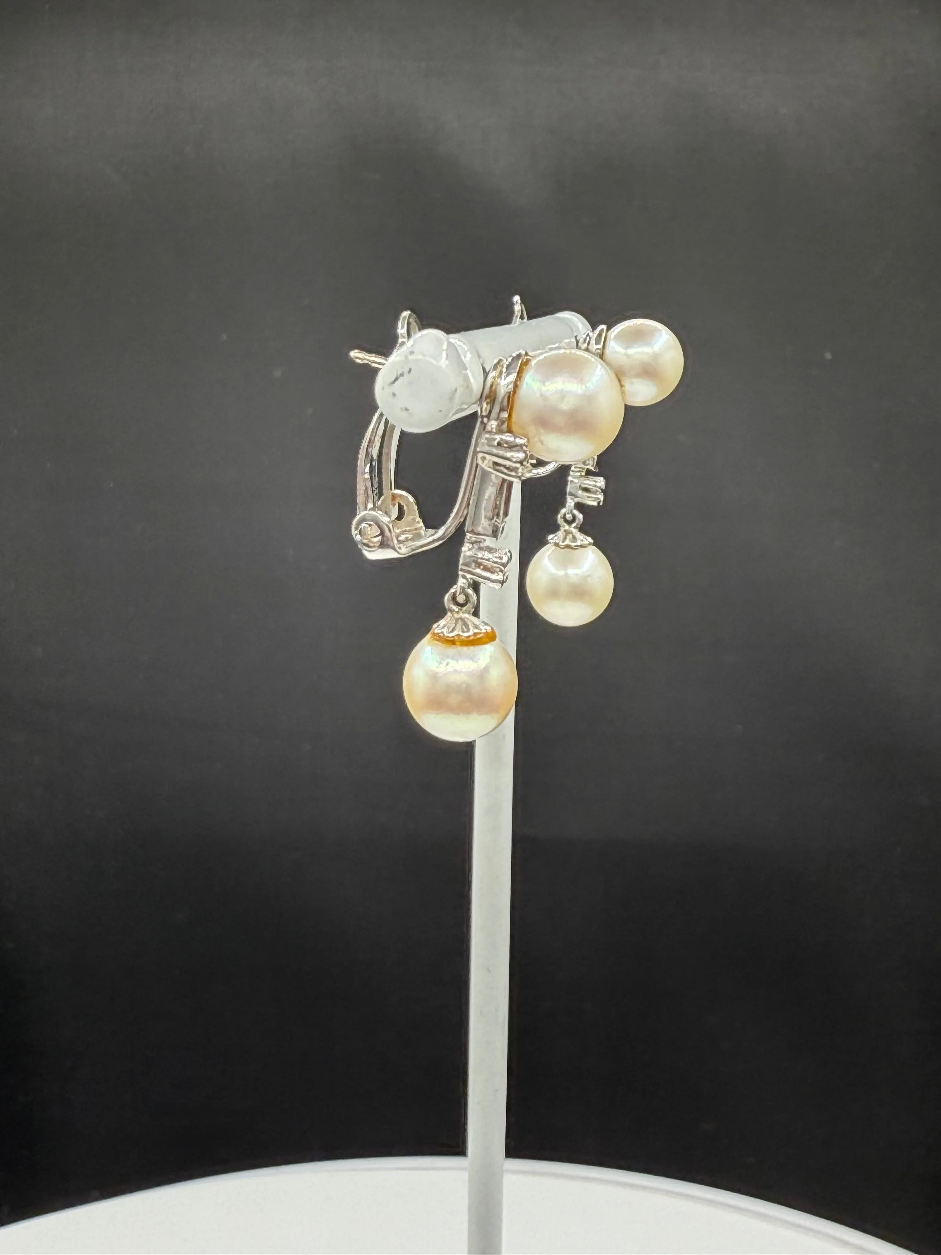 Antique 14k White Gold Cultured Pearl & Diamond Dangle Earrings