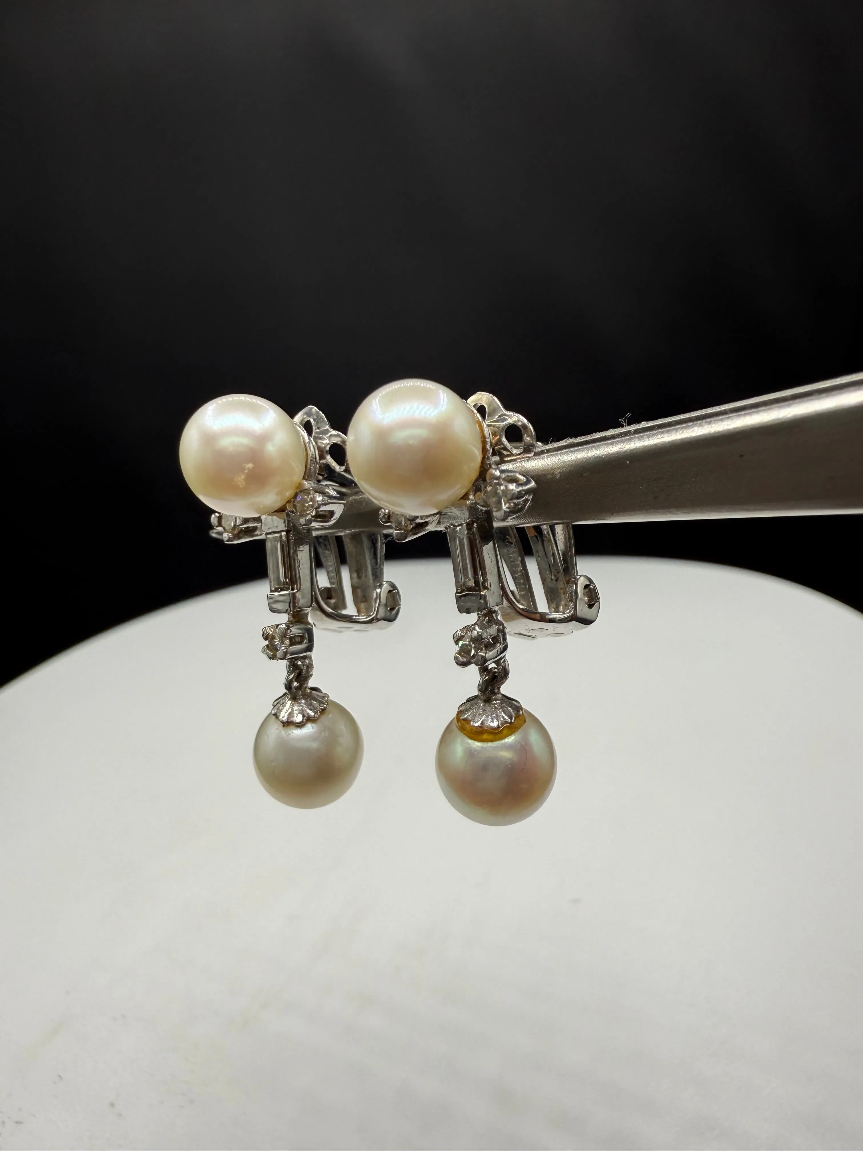 Antique 14k White Gold Cultured Pearl & Diamond Dangle Earrings