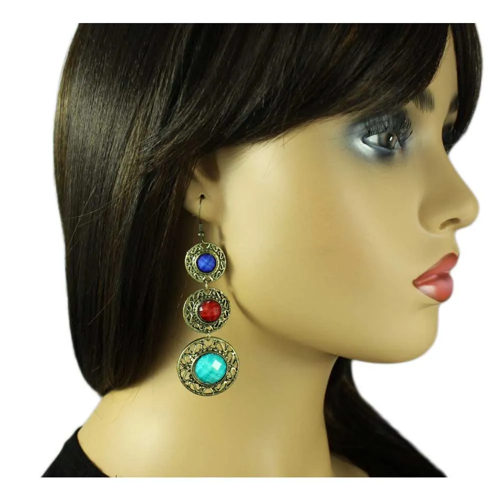 Antique Blue, Red, and Turquoise Discs Earring - REC569