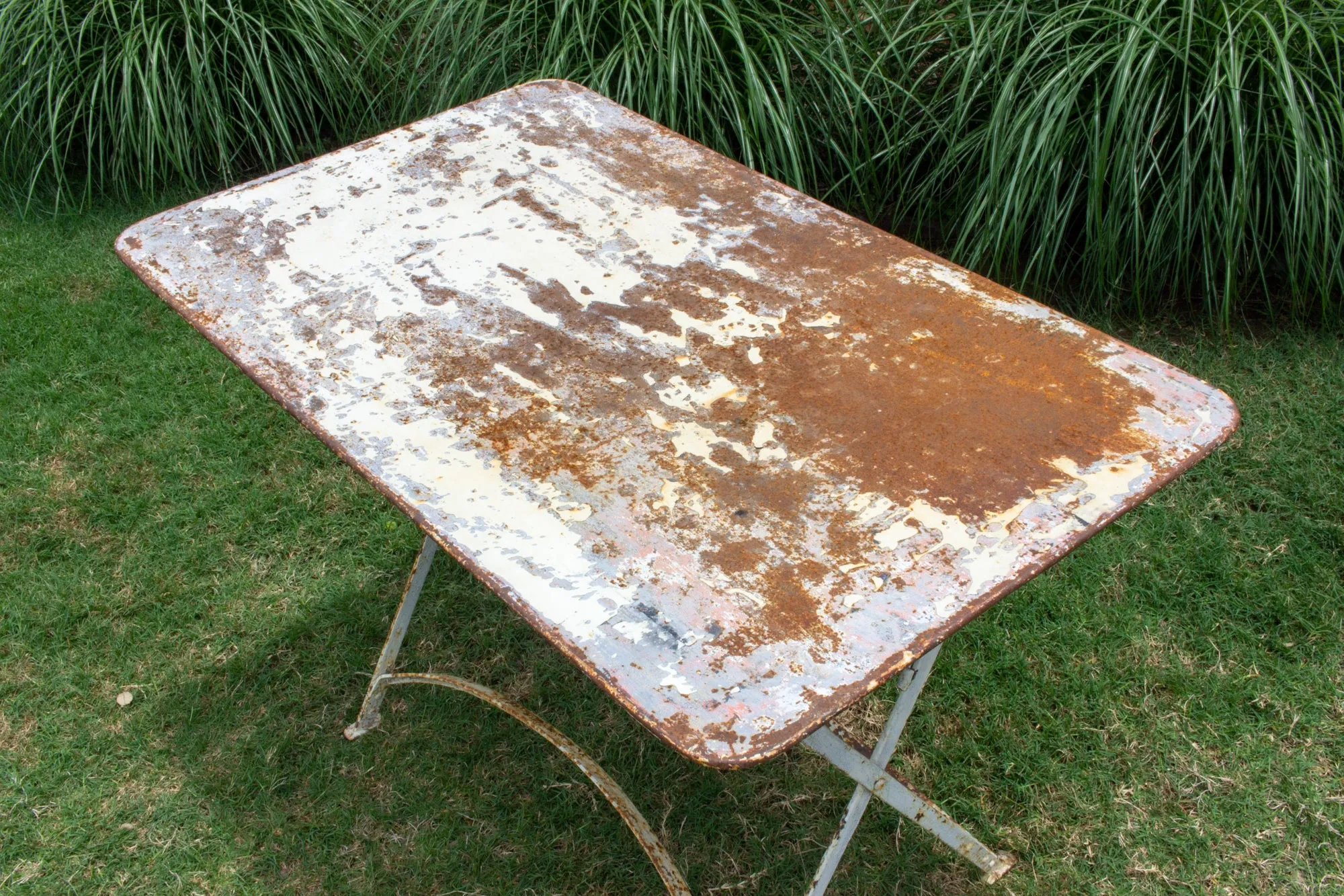 Antique French Folding Metal Garden Table in Distressed White Finish