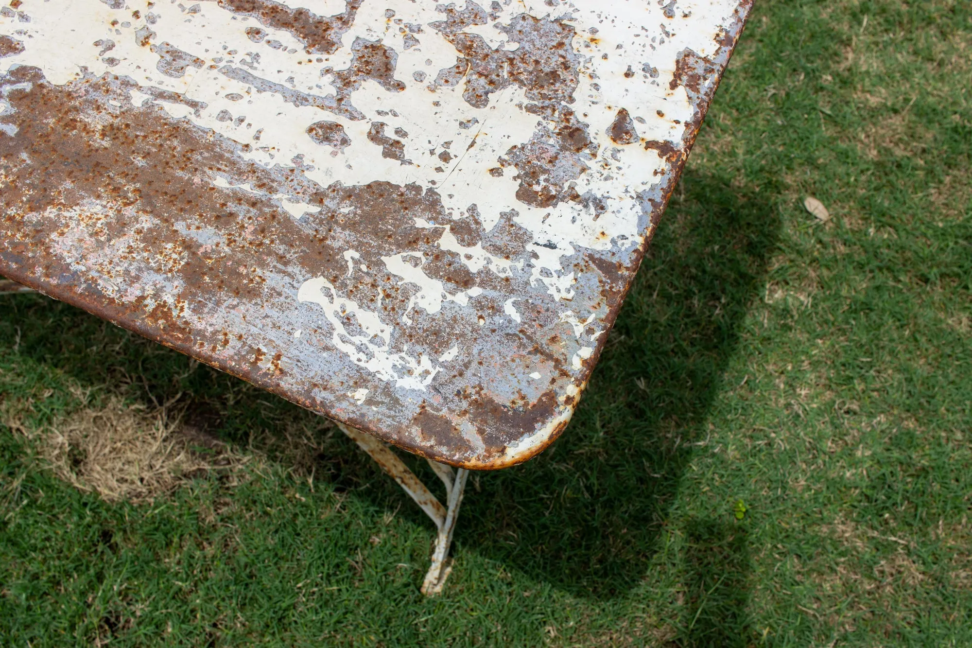 Antique French Folding Metal Garden Table in Distressed White Finish
