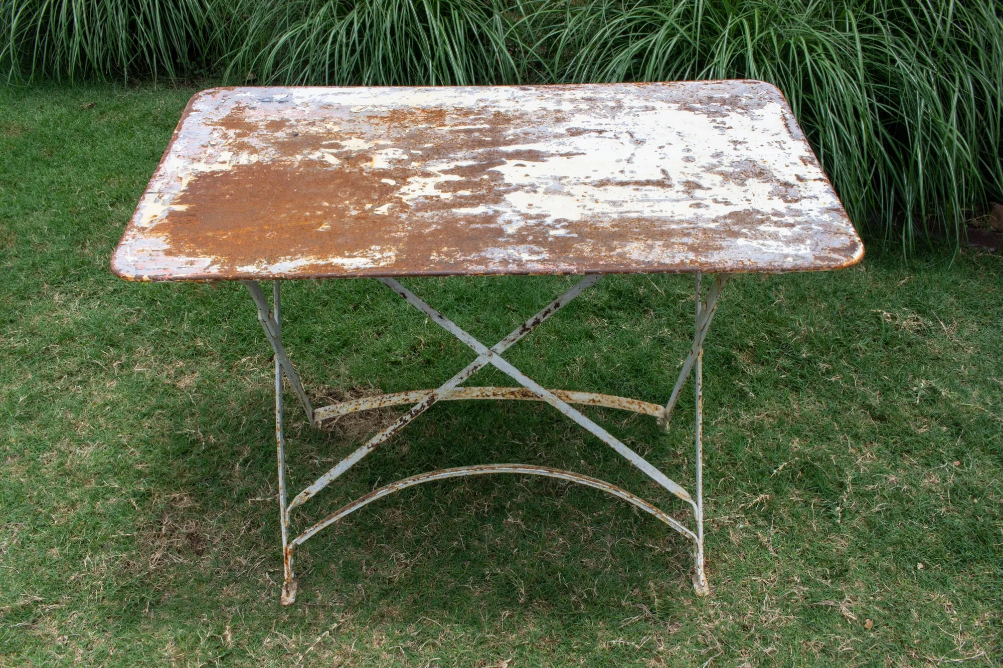 Antique French Folding Metal Garden Table in Distressed White Finish