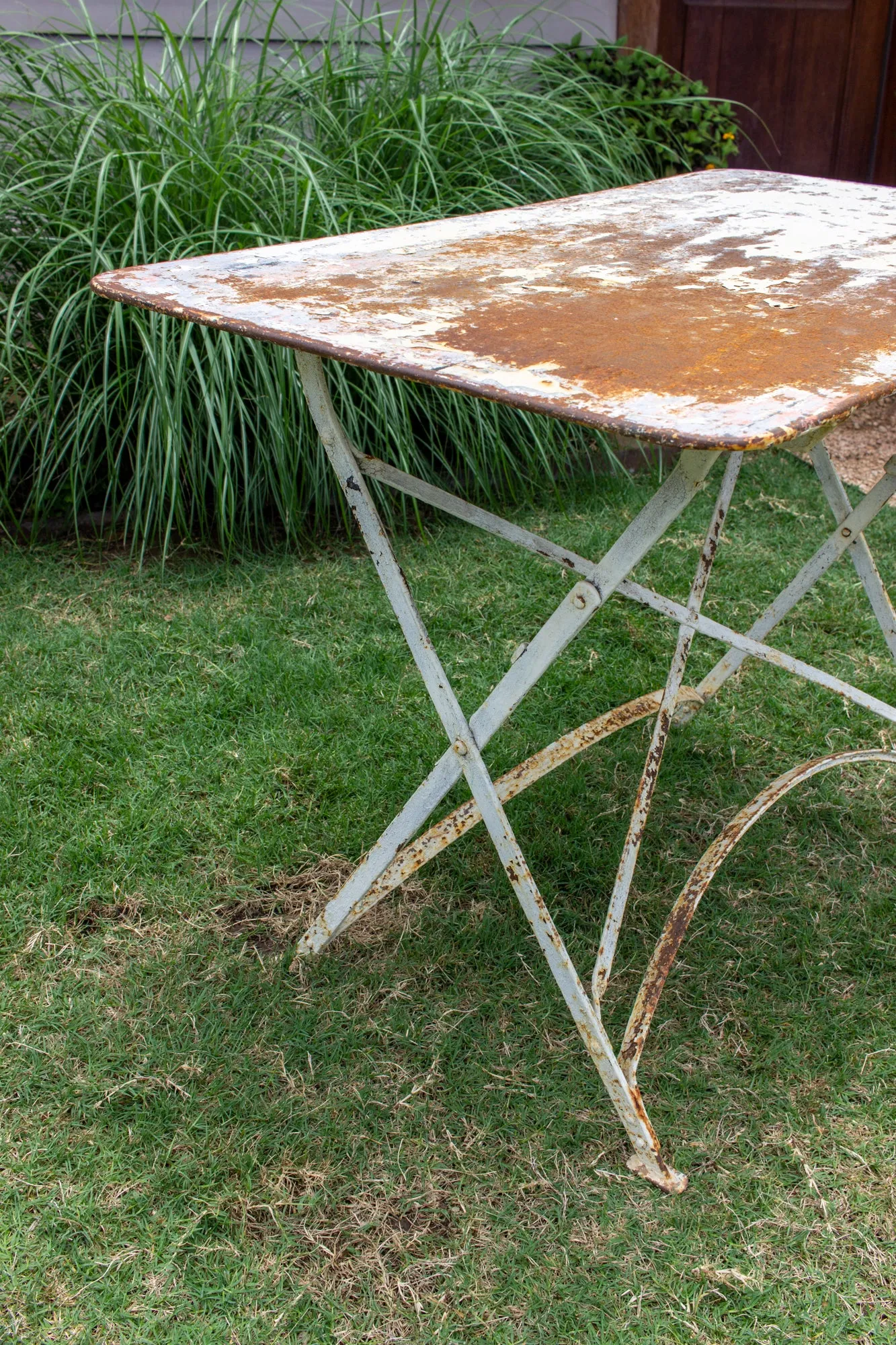 Antique French Folding Metal Garden Table in Distressed White Finish