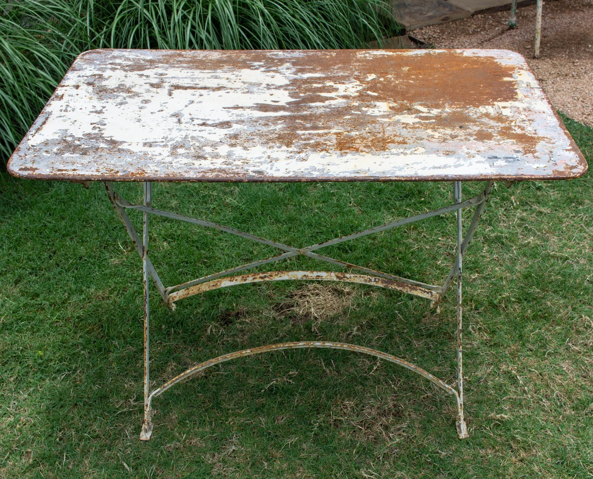 Antique French Folding Metal Garden Table in Distressed White Finish