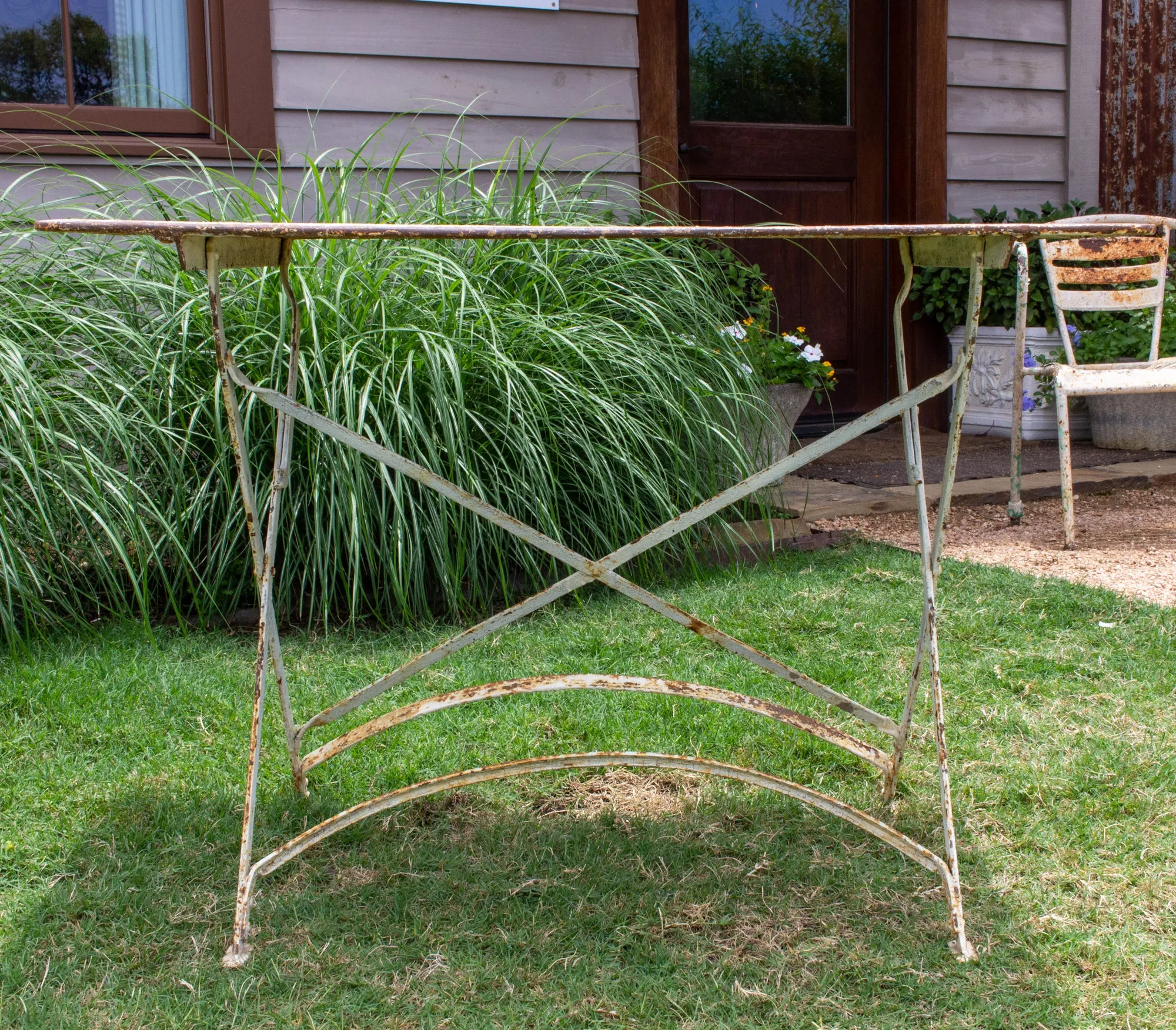 Antique French Folding Metal Garden Table in Distressed White Finish