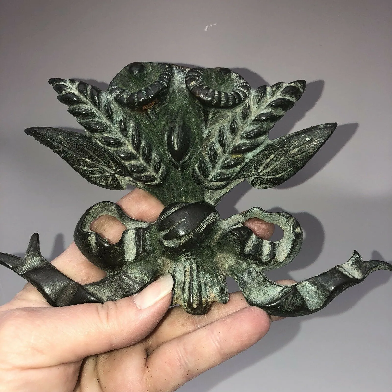Antique French Verde Bronze Ribbon Laurel Flowers Cabinet Frame Furniture Mount