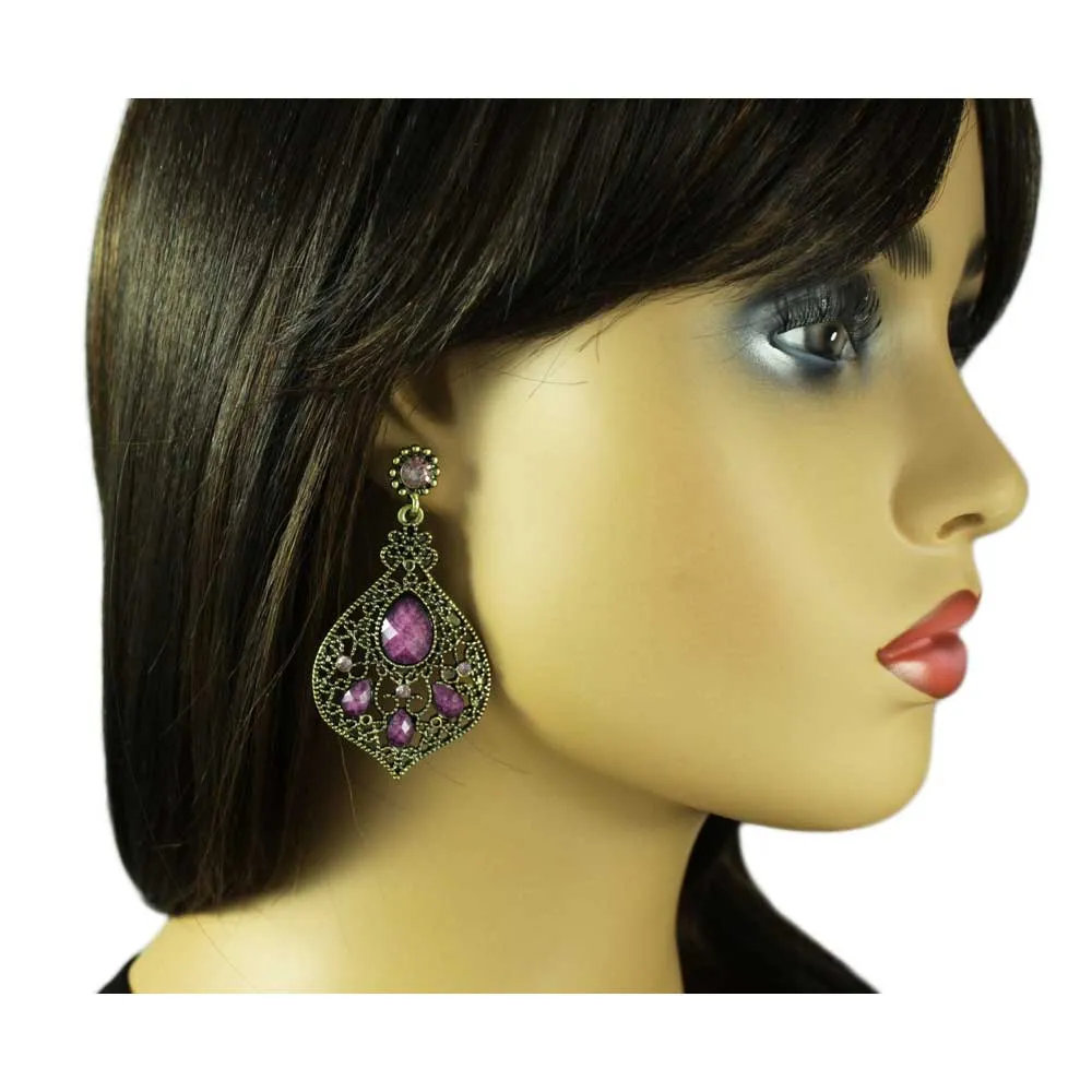 Antique Gold-tone Filigree Fan with Purple Stones Pierced Earring - REC564