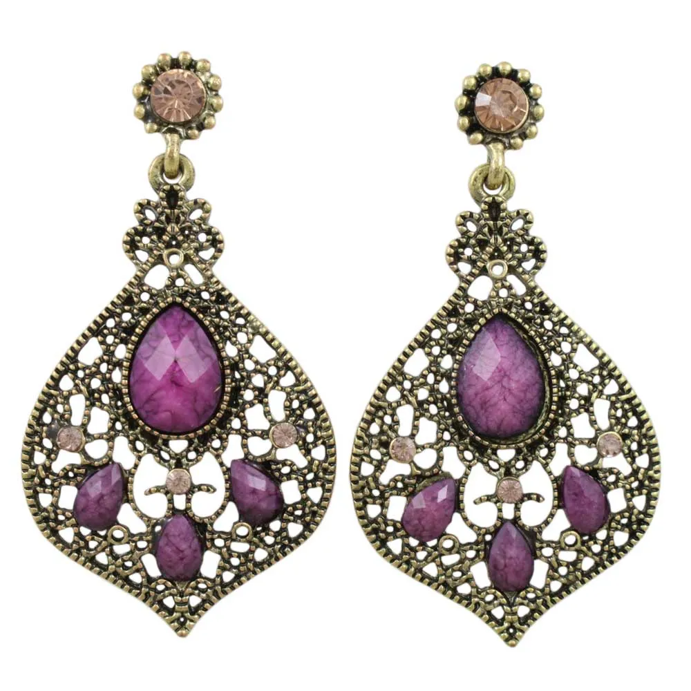 Antique Gold-tone Filigree Fan with Purple Stones Pierced Earring - REC564