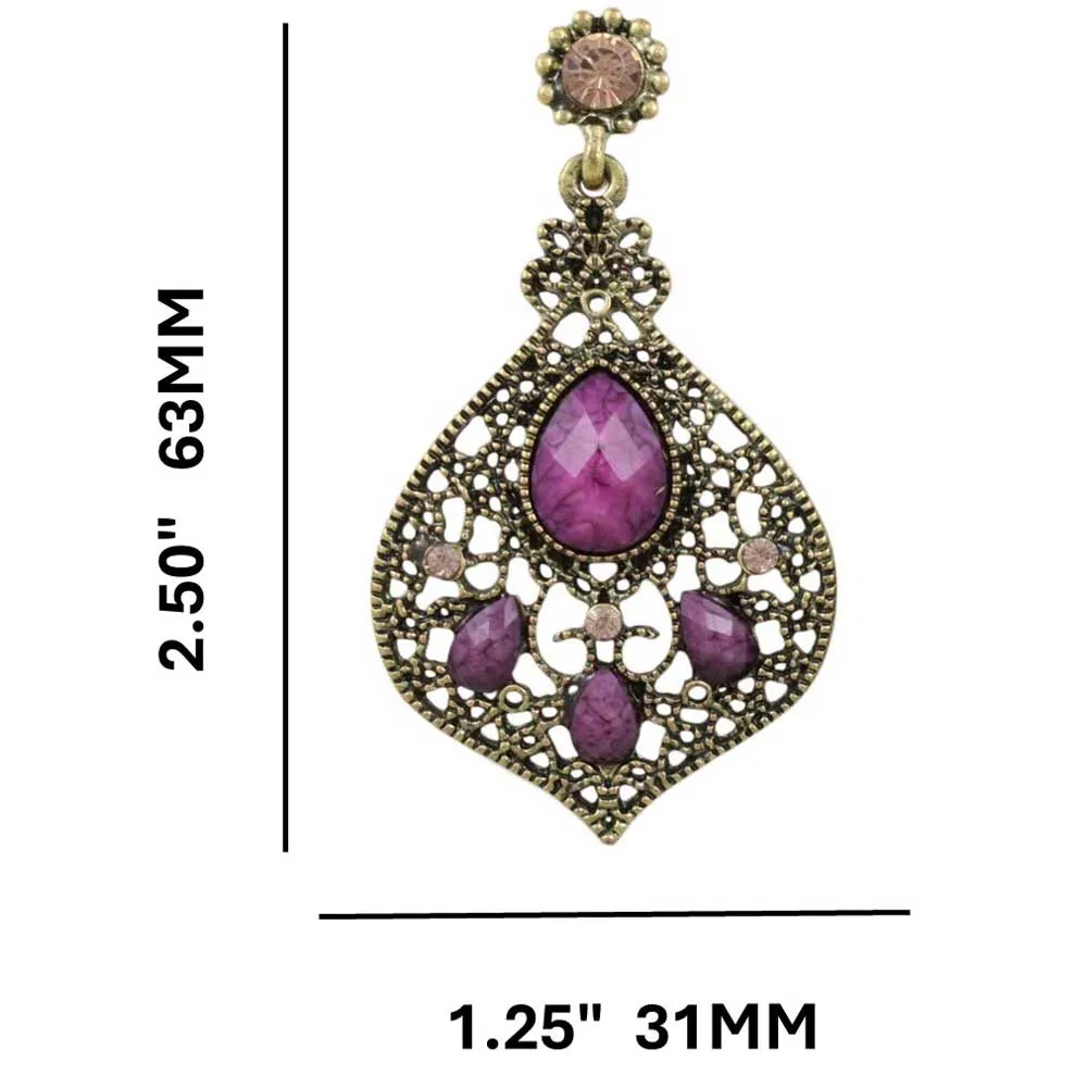 Antique Gold-tone Filigree Fan with Purple Stones Pierced Earring - REC564
