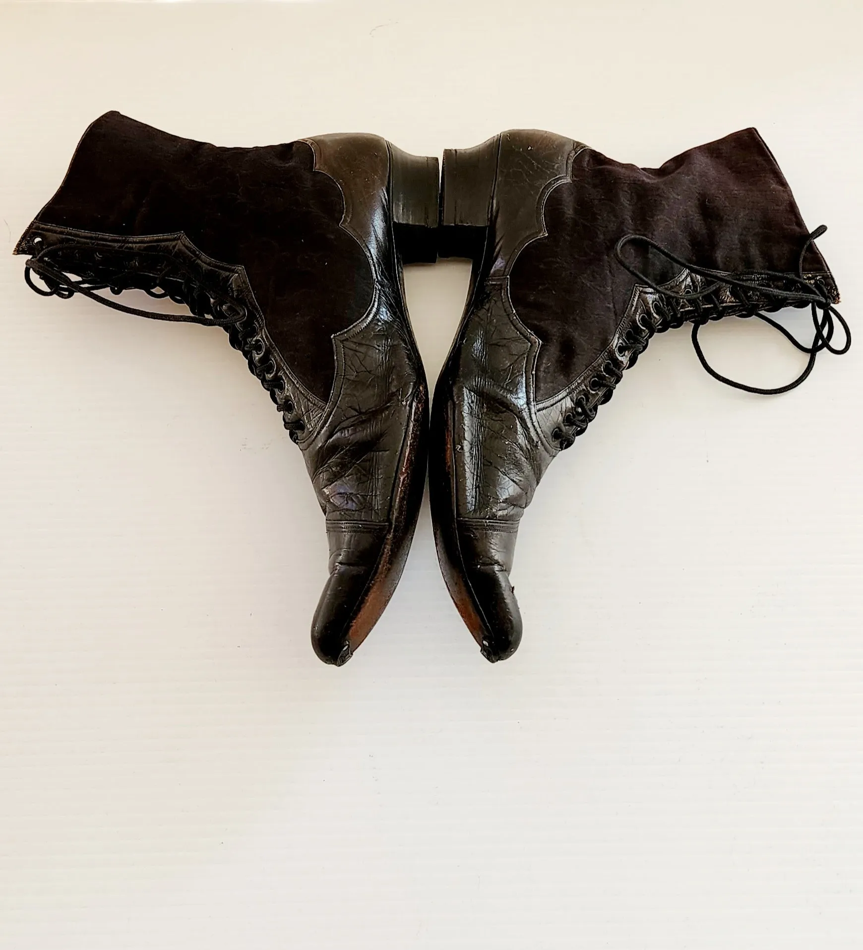 Antique Granny Boots Lace Up Black Silk & Leather Edwardian