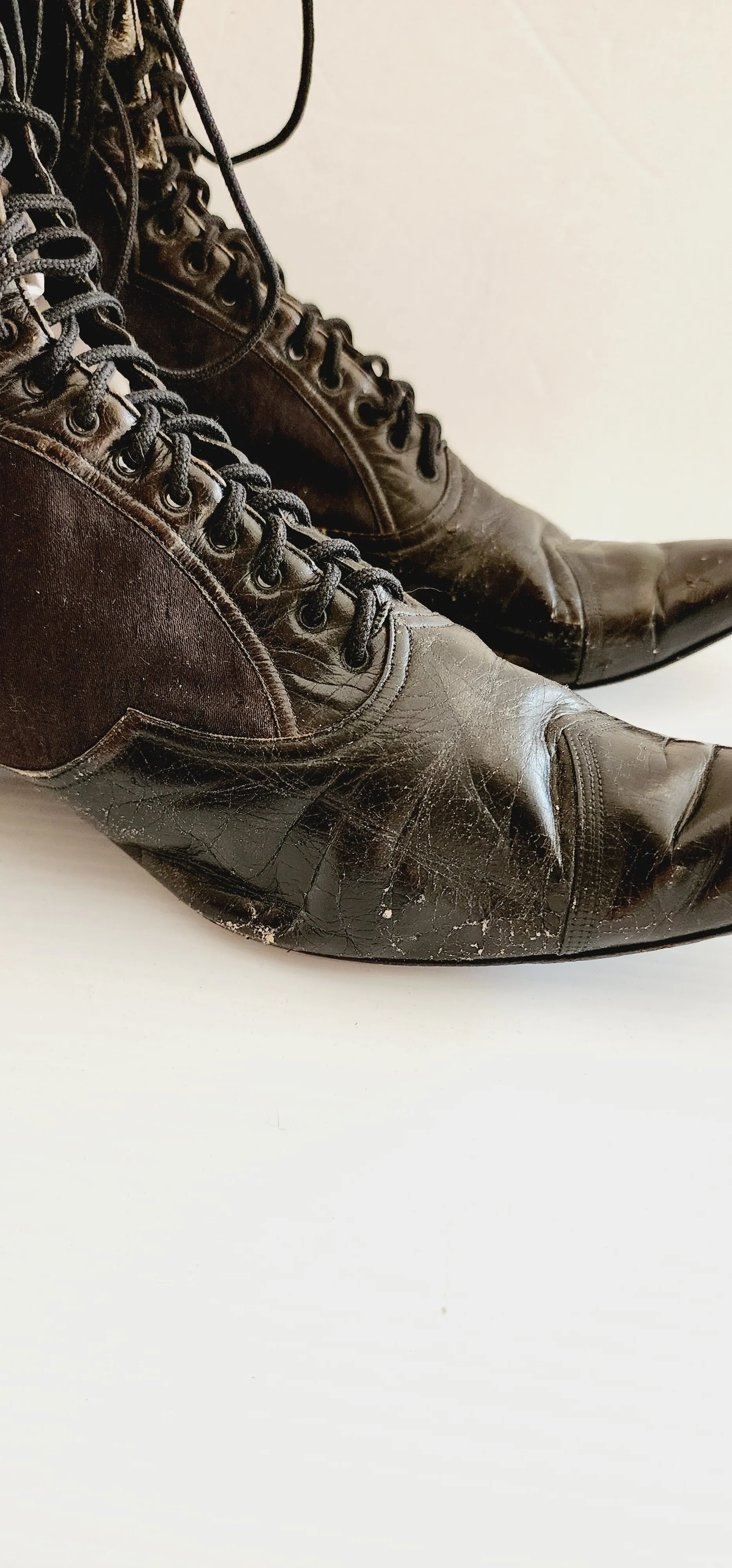 Antique Granny Boots Lace Up Black Silk & Leather Edwardian