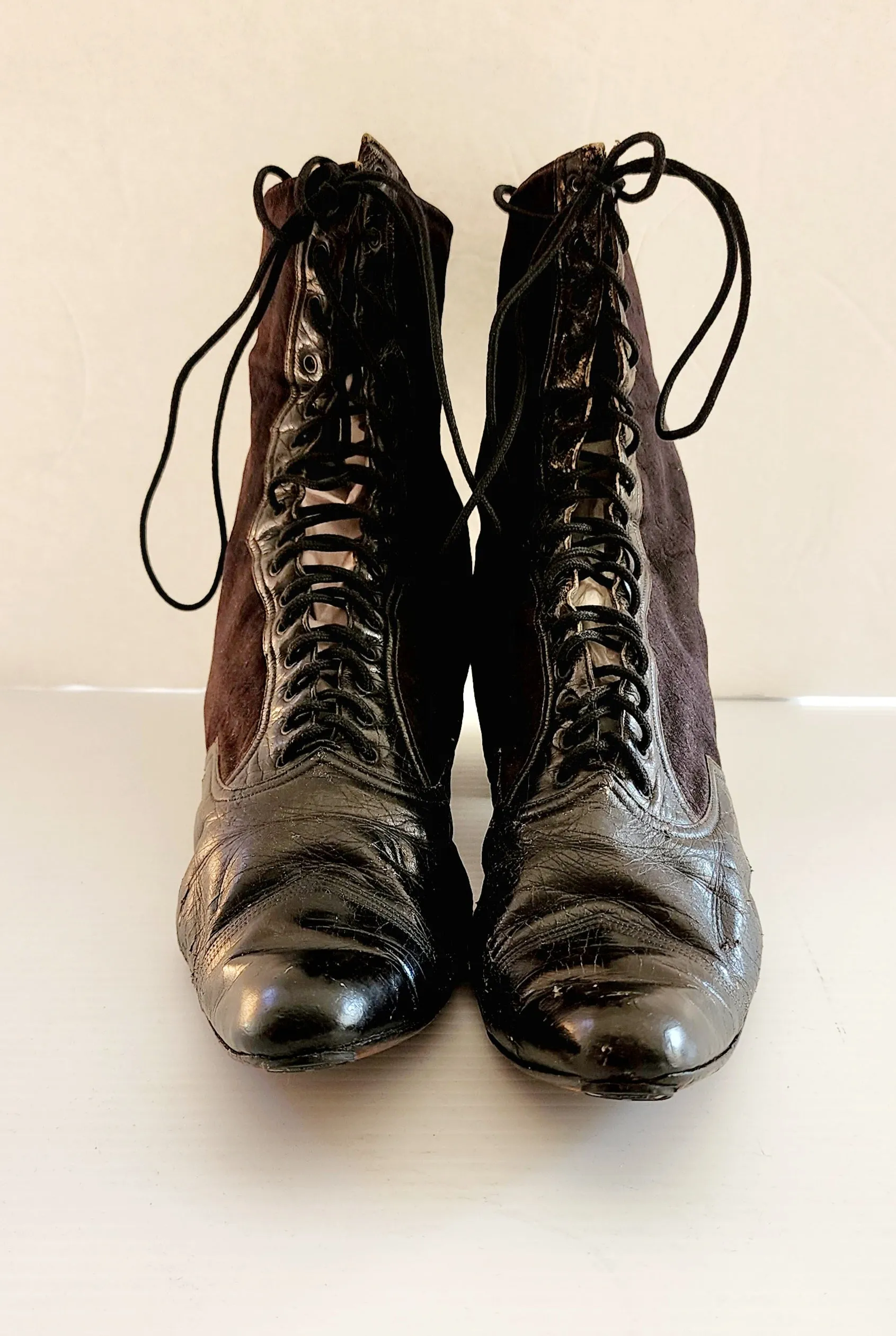 Antique Granny Boots Lace Up Black Silk & Leather Edwardian