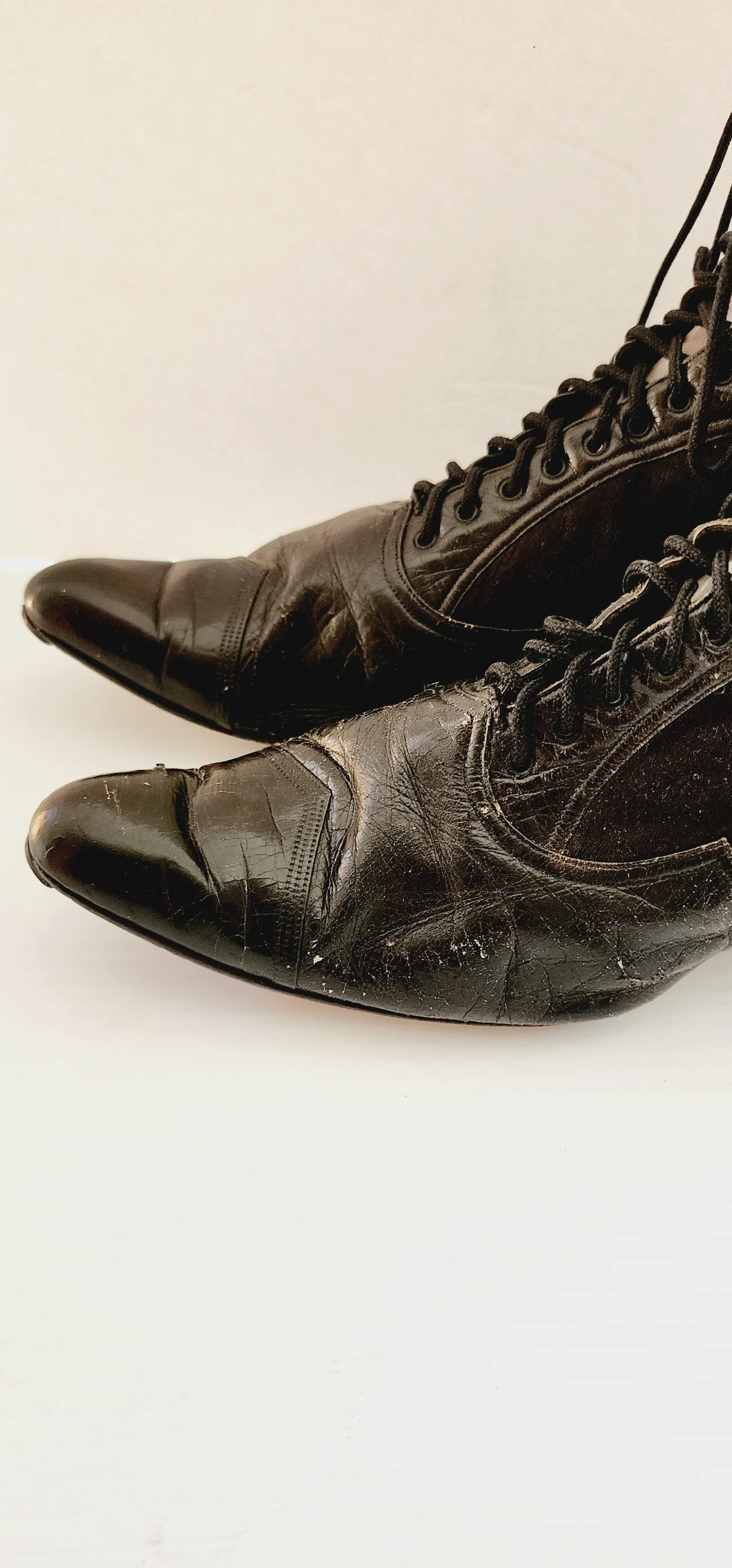 Antique Granny Boots Lace Up Black Silk & Leather Edwardian