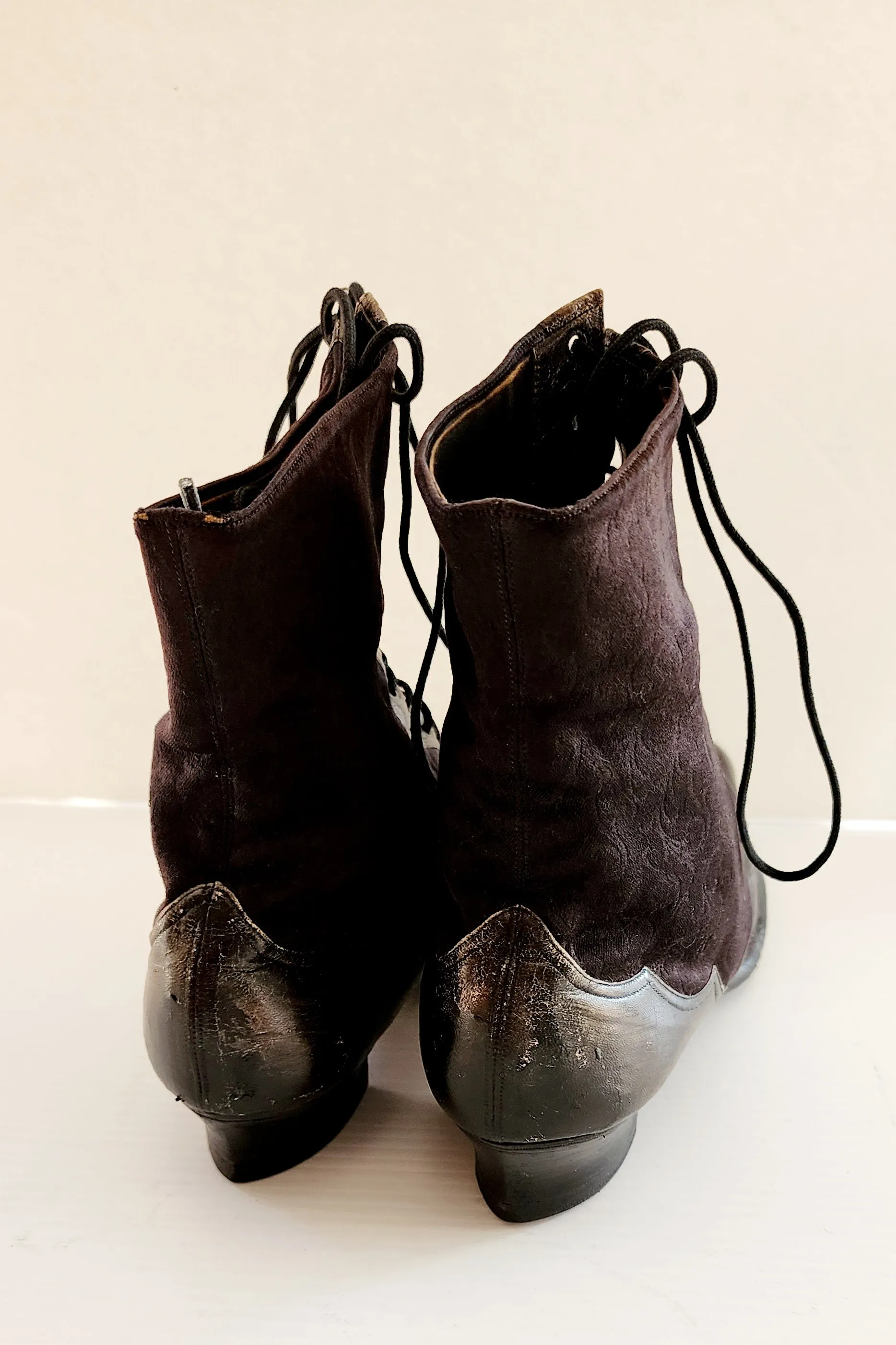 Antique Granny Boots Lace Up Black Silk & Leather Edwardian