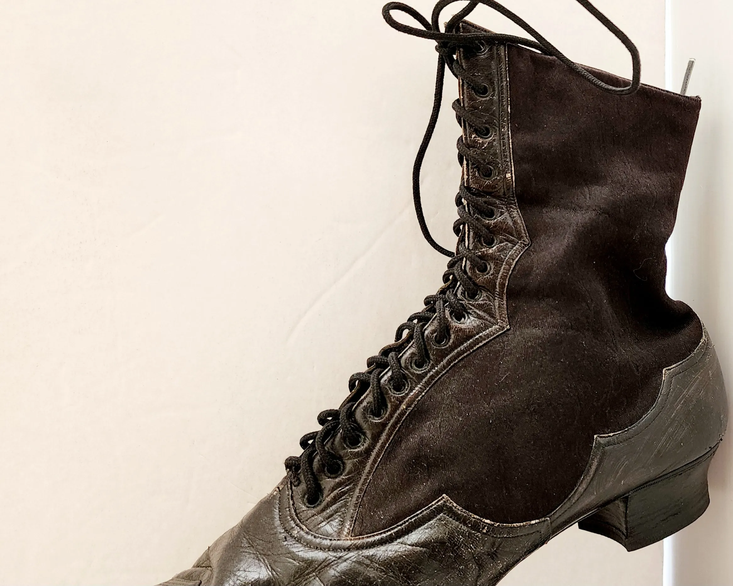 Antique Granny Boots Lace Up Black Silk & Leather Edwardian